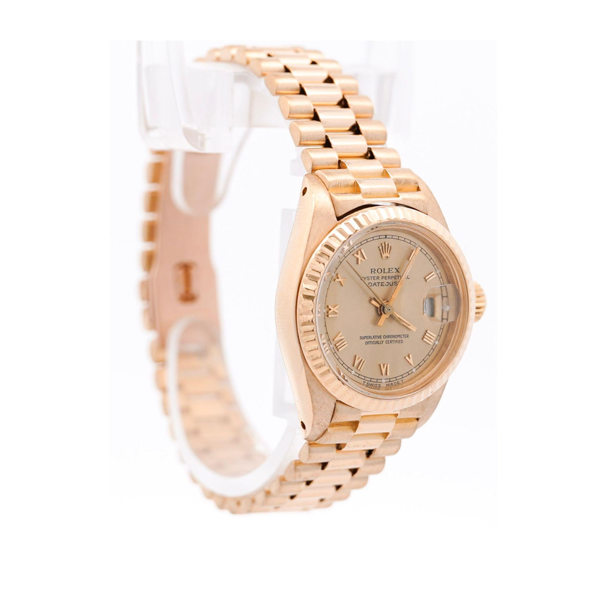 Rolex President Datejust 26mm Fluted 18K Gold Ladies Watch For Sale 4