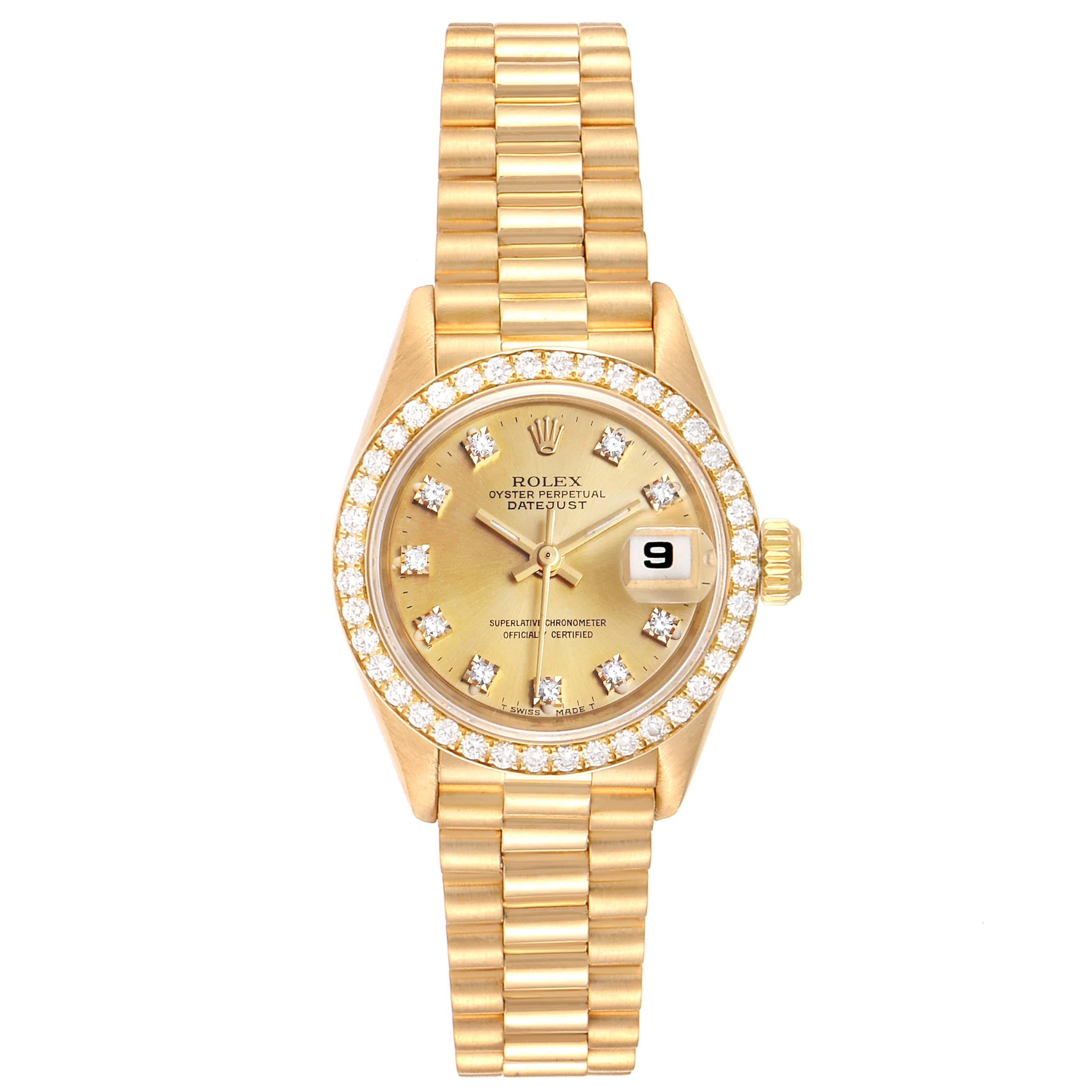 Rolex President Datejust 26mm Yellow Gold Diamond Ladies Watch 69138. Officially certified chronometer self-winding movement. 18k yellow gold oyster case 26.0 mm in diameter. Rolex logo on a crown. Original Rolex 18k yellow gold diamond bezel.
