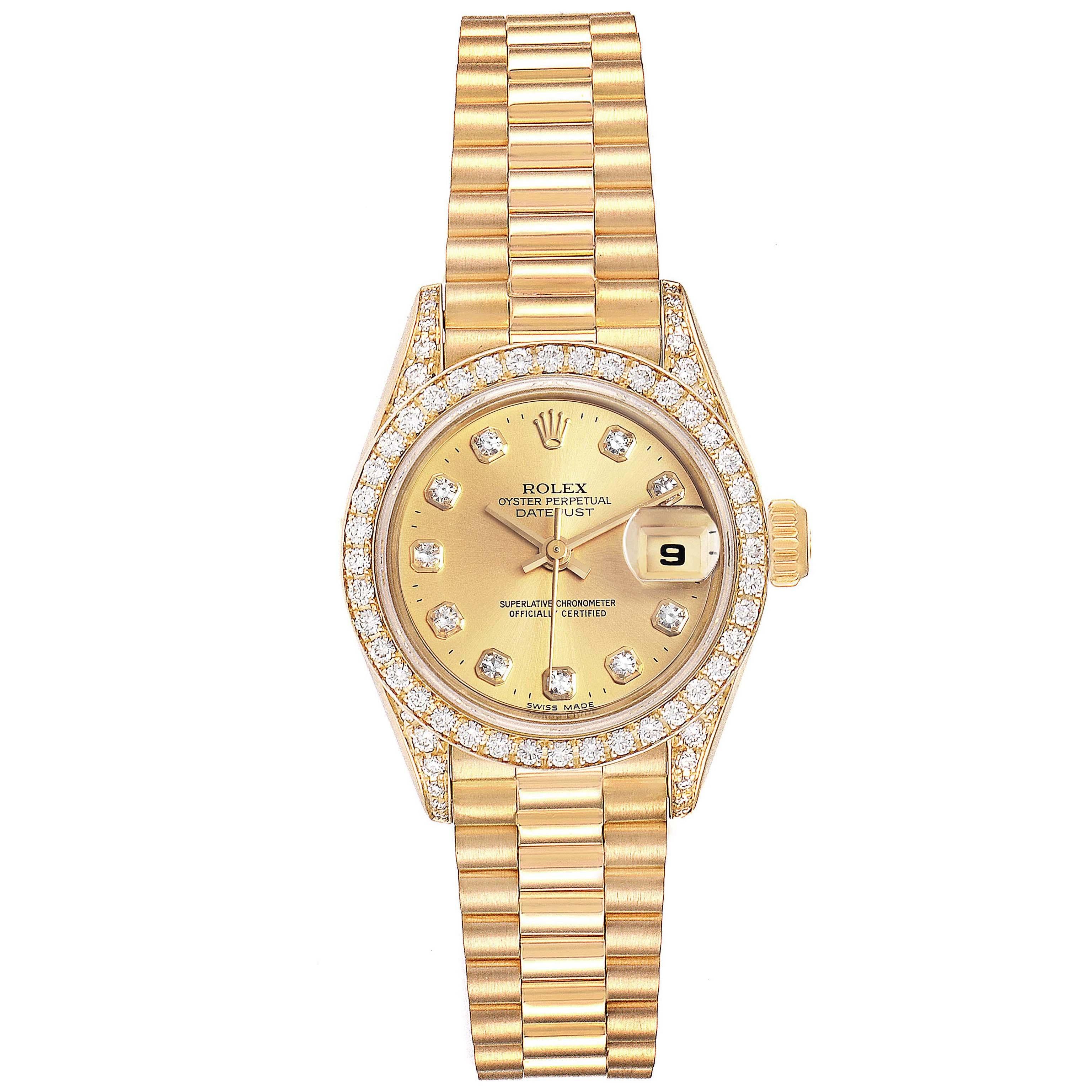 Rolex President Datejust 26mm Yellow Gold Diamond Ladies Watch 69158. Officially certified chronometer self-winding movement. 18k yellow gold oyster case 26.0 mm in diameter. Rolex logo on a crown. Original Rolex factory diamond lugs. Original Rolex