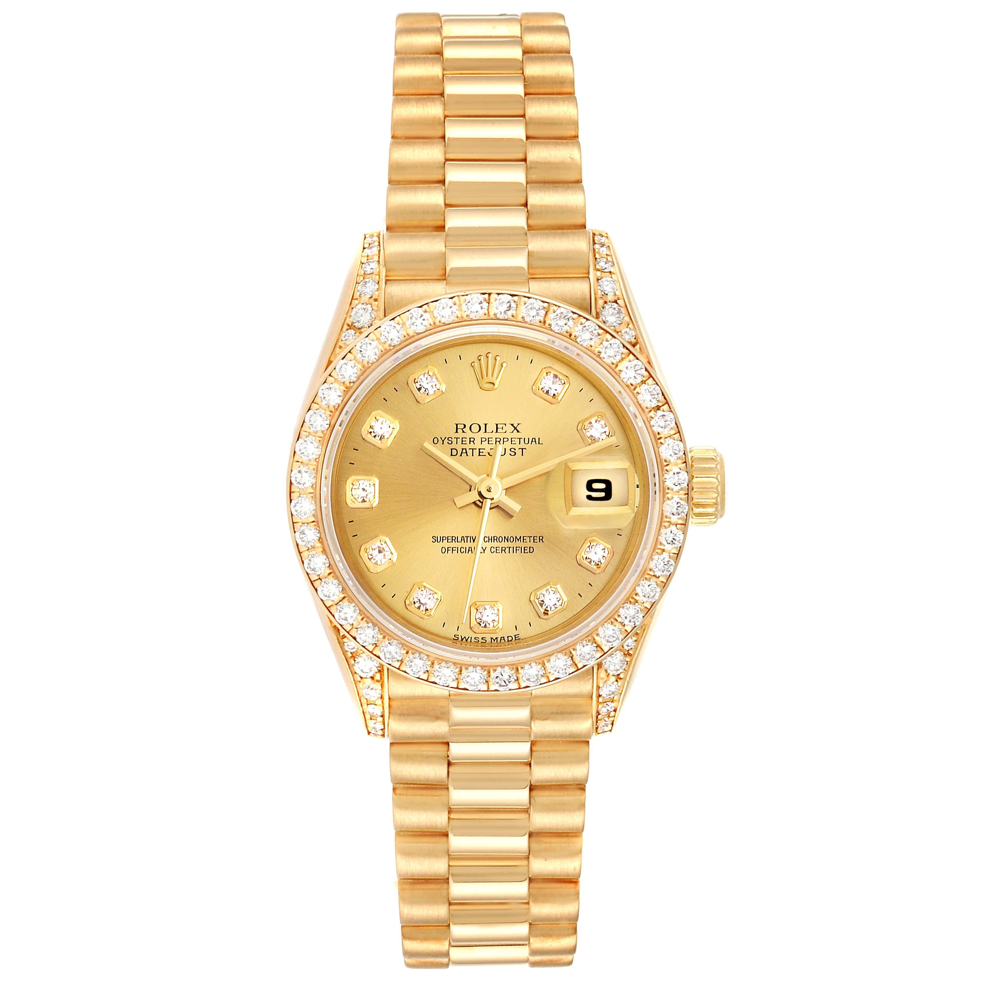 Rolex President Datejust 26mm Yellow Gold Diamond Ladies Watch 69238. Officially certified chronometer self-winding movement. 18k yellow gold oyster case 26.0 mm in diameter. Rolex logo on a crown. Original Rolex factory diamond lugs. Original Rolex