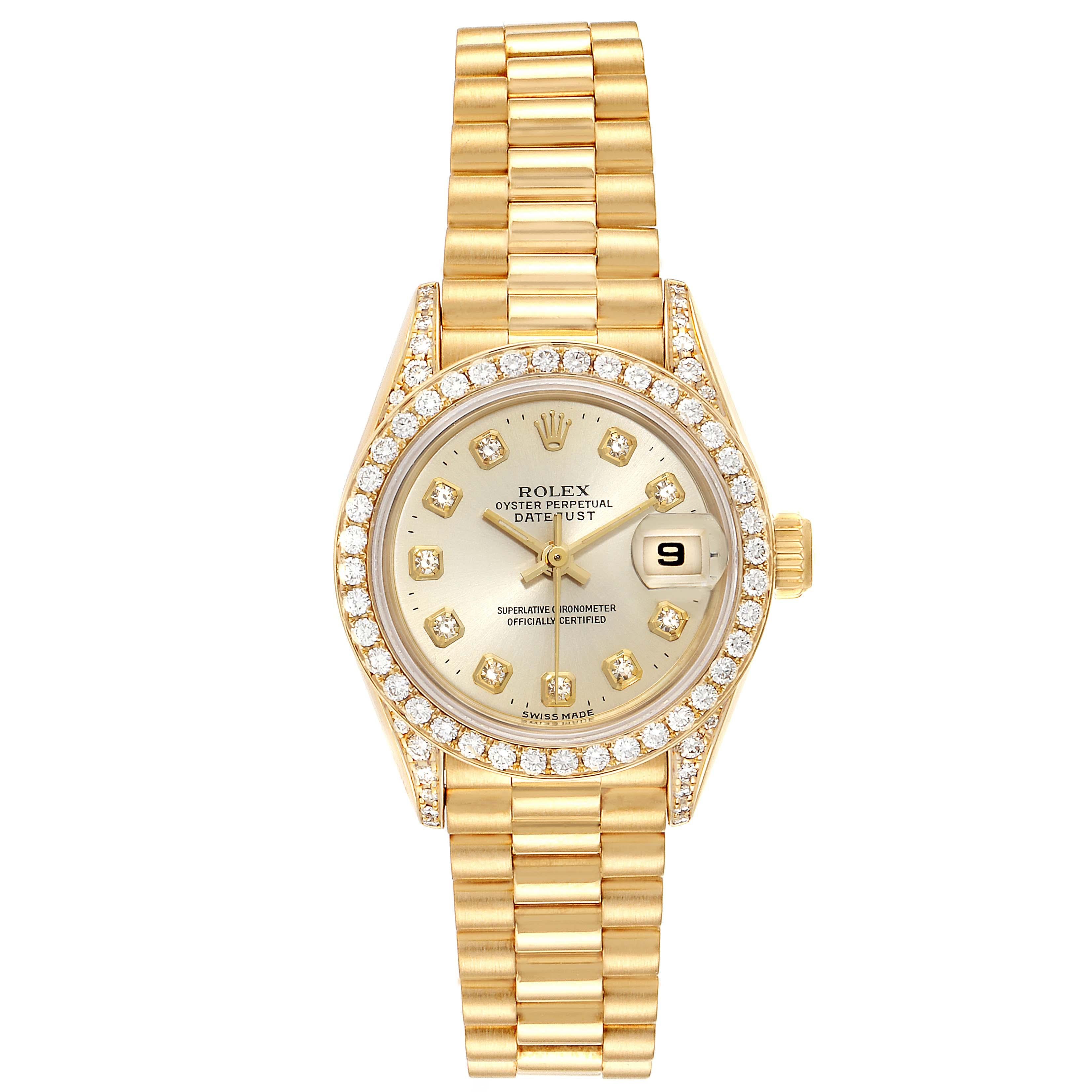 Rolex President Datejust 26mm Yellow Gold Diamond Ladies Watch 69238. Officially certified chronometer self-winding movement. 18k yellow gold oyster case 26.0 mm in diameter. Rolex logo on a crown. Original Rolex factory diamond lugs. Original Rolex