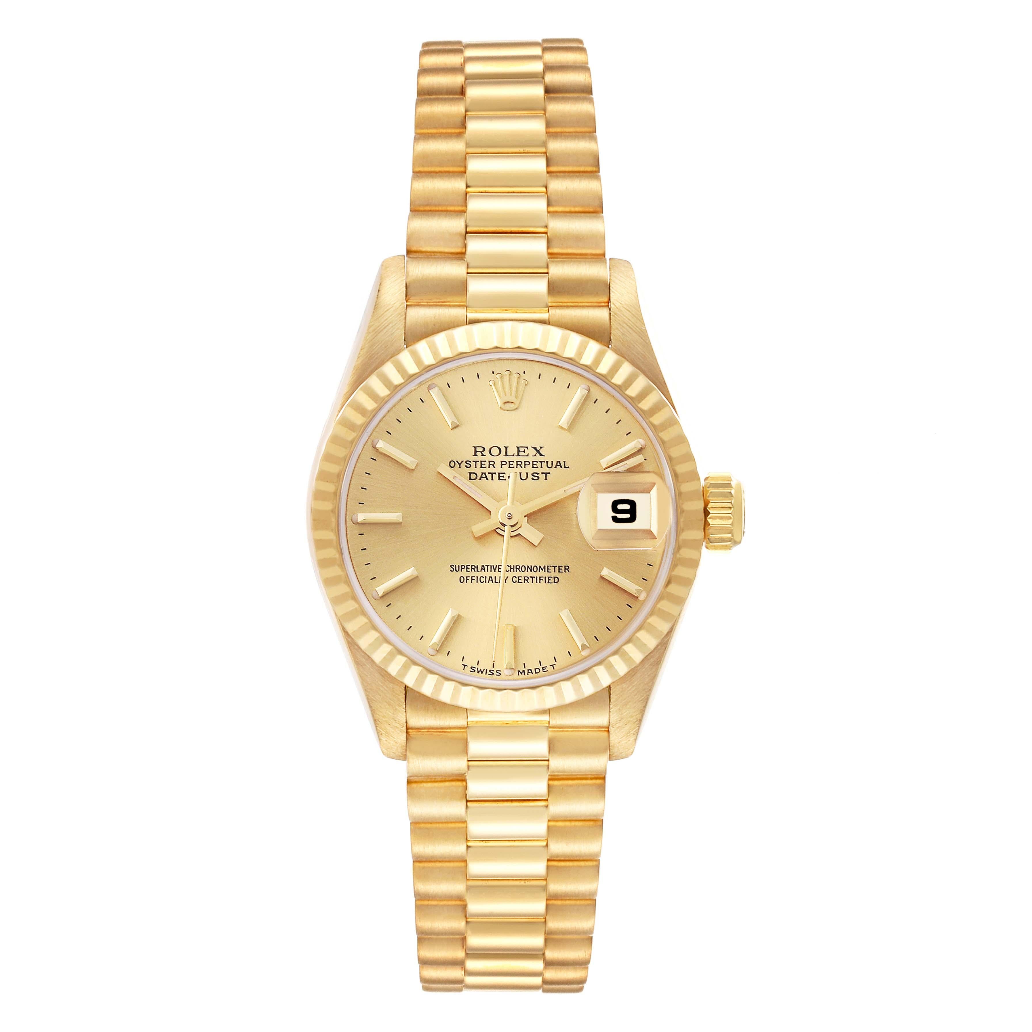 Rolex President Datejust 26mm Yellow Gold Ladies Watch 79178. Officially certified chronometer self-winding movement with quickset date function. 18k yellow gold oyster case 26 mm in diameter. Rolex logo on a crown. 18k yellow gold fluted bezel.