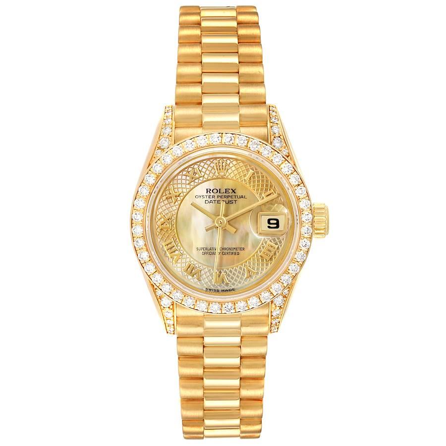 Rolex President Datejust 26mm Yellow Gold MOP Diamond Watch 69238 Box Papers. Officially certified chronometer self-winding movement. 18k yellow gold oyster case 26.0 mm in diameter. Rolex logo on a crown. Original Rolex factory diamond lugs.
