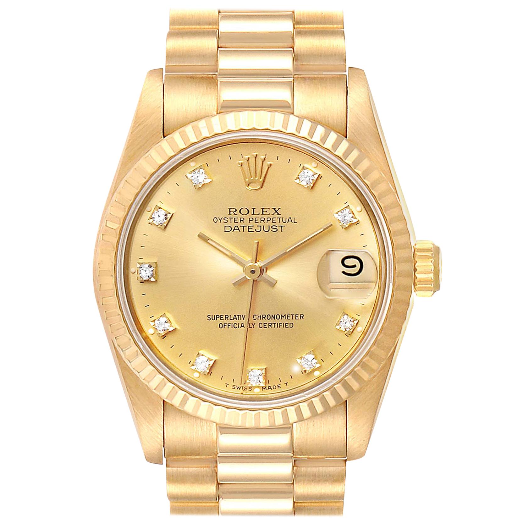Rolex President Datejust 31 Midsize 18 Karat Gold Diamond Watch 68278