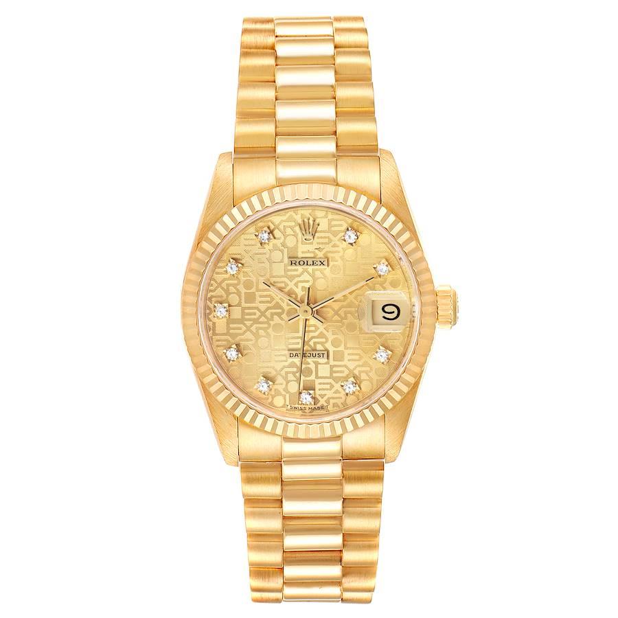 Rolex President Datejust 31 Midsize 18K Gold Diamond Ladies Watch 68278. Officially certified chronometer self-winding movement. 18k yellow gold oyster case 31.0 mm in diameter. Rolex logo on a crown. 18k yellow gold fluted bezel. Scratch resistant