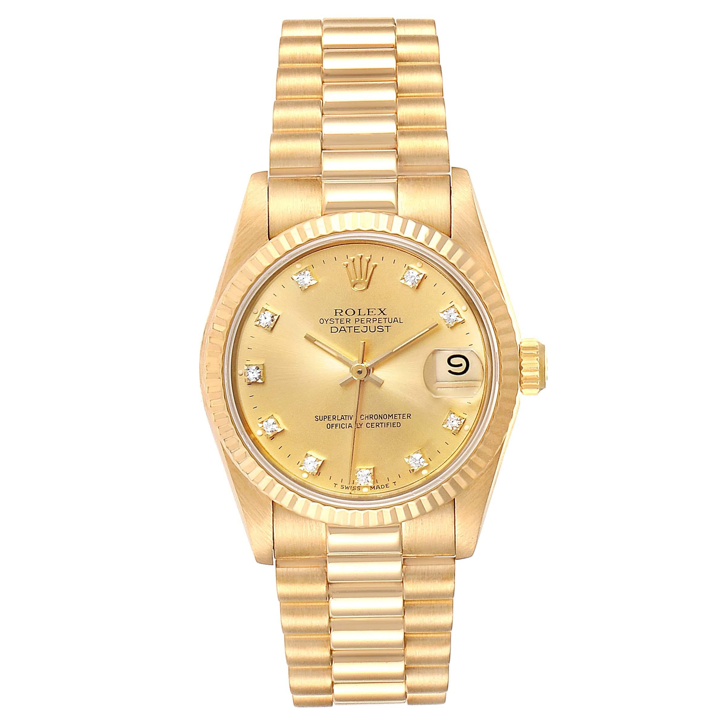 Rolex President Datejust 31 Midsize 18K Gold Diamond Watch 68278. Officially certified chronometer self-winding movement. 18k yellow gold oyster case 31.0 mm in diameter. Rolex logo on a crown. 18k yellow gold fluted bezel. Scratch resistant
