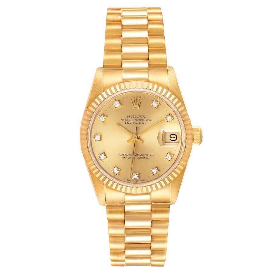 Rolex President Datejust 31 Midsize 18K Gold Diamond Watch 68278. Officially certified chronometer self-winding movement. 18k yellow gold oyster case 31.0 mm in diameter. Rolex logo on the crown. 18k yellow gold fluted bezel. Scratch resistant