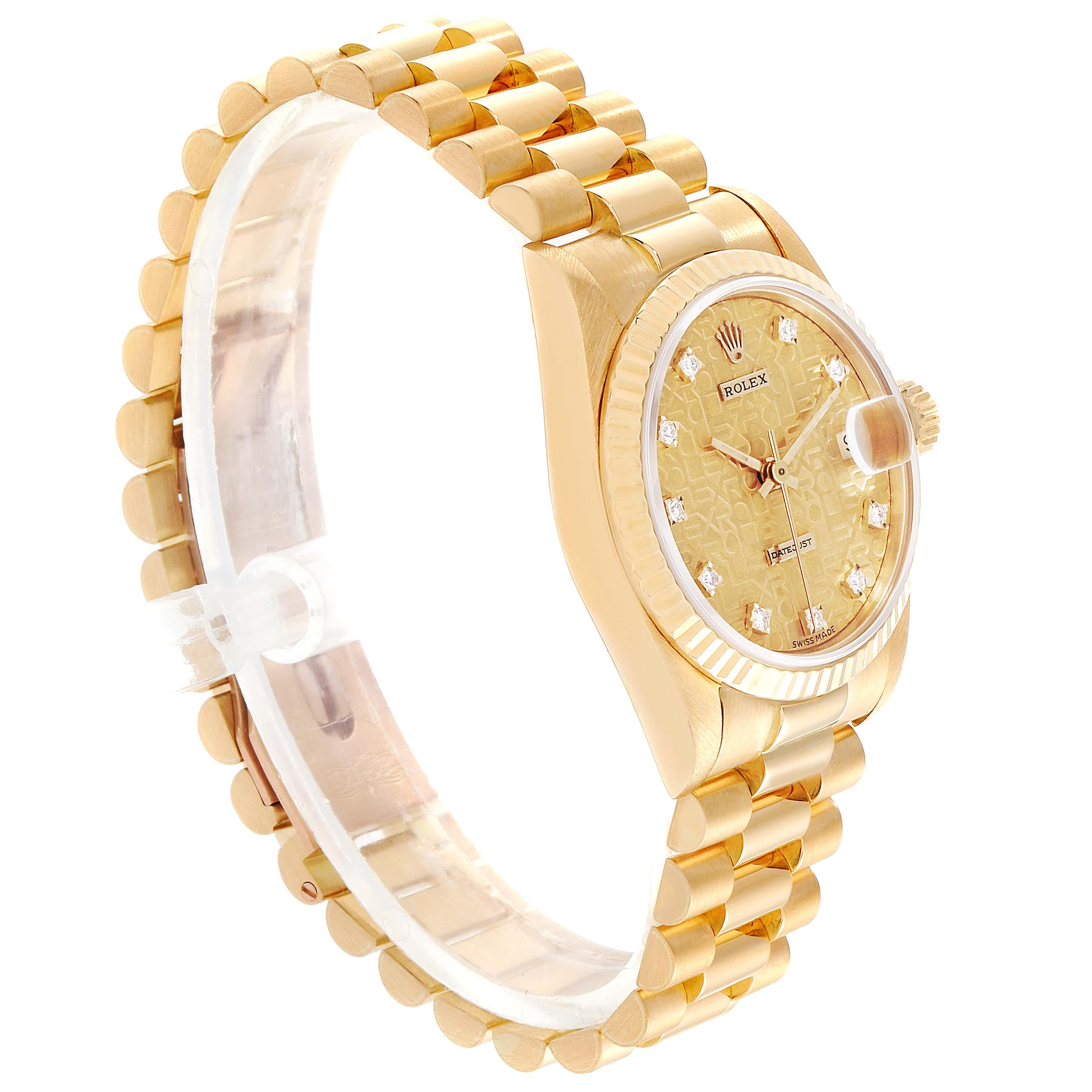Rolex President Datejust Midsize 18 Karat Gold Diamond Watch 68278 In Excellent Condition In Atlanta, GA