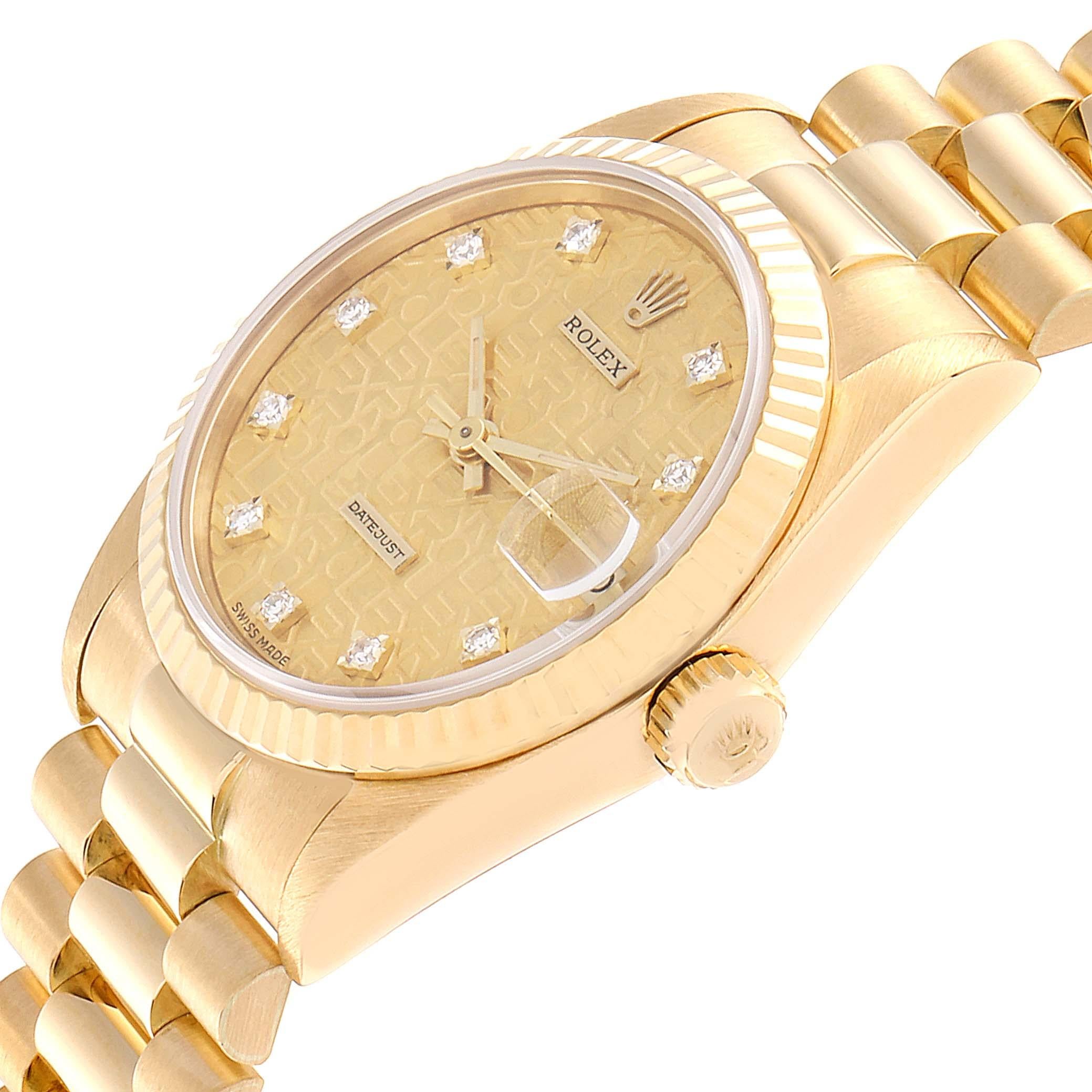 Rolex President Datejust Midsize 18 Karat Gold Diamond Watch 68278 1