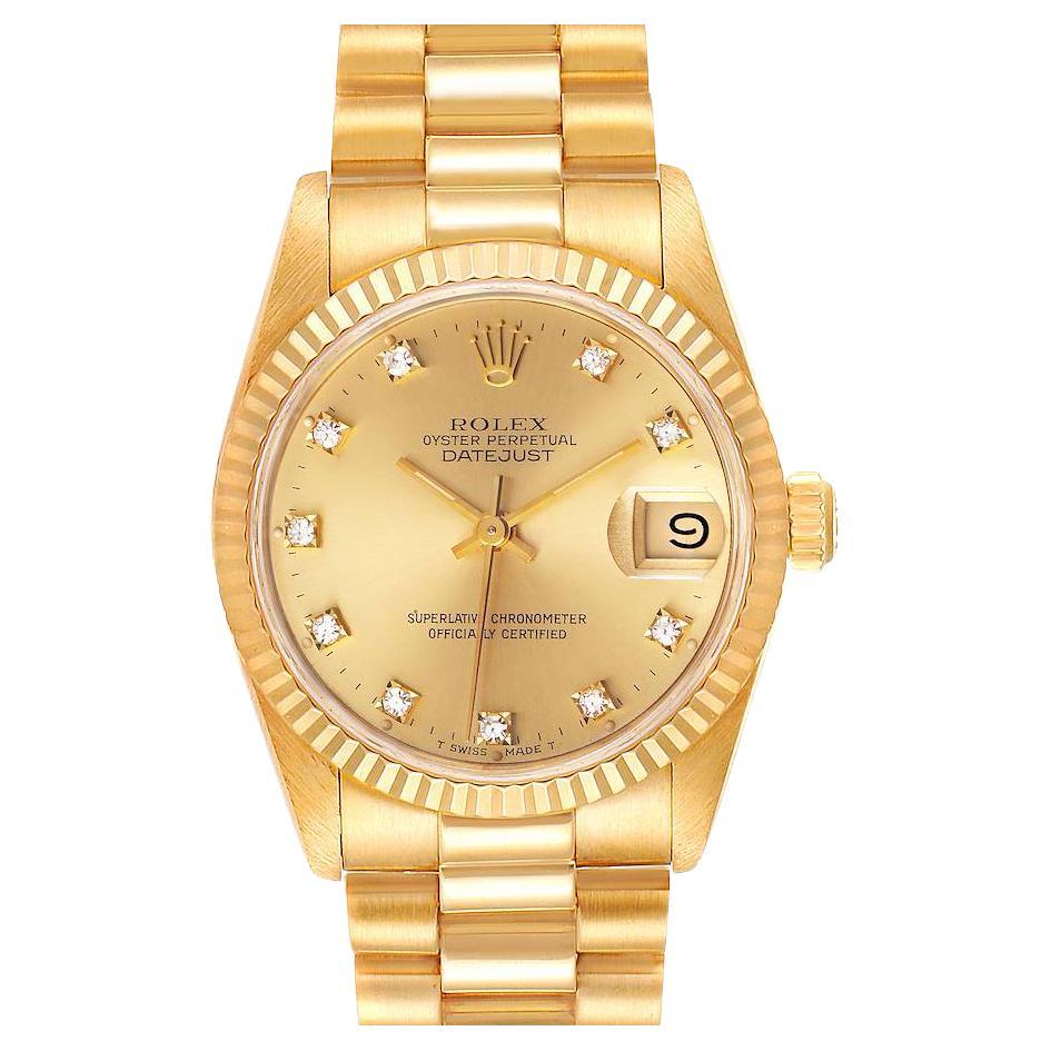 Rolex President Datejust 31 Midsize 18K Gold Diamond Watch 68278 For Sale