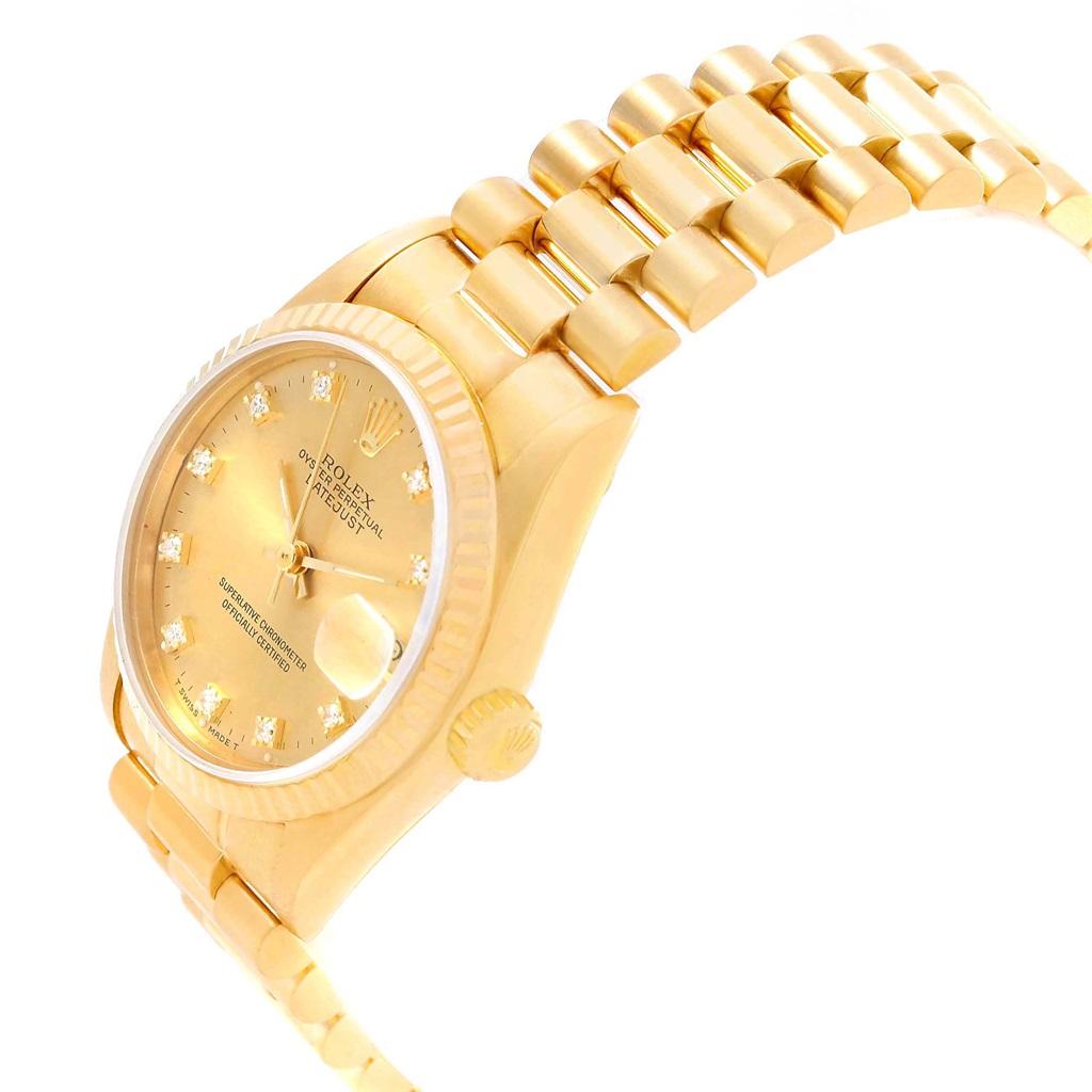Rolex President Datejust 31 Midsize Gold Diamond Watch 68278. Officially certified chronometer automatic self-winding movement. 18k yellow gold oyster case 31.0 mm in diameter. Rolex logo on a crown. 18k yellow gold fluted bezel. Scratch resistant