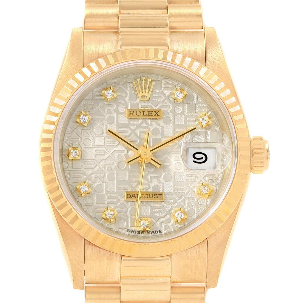Rolex President Datejust 31 Midsize Gold Diamond Watch 68278. Officially certified chronometer automatic self-winding movement. 18k yellow gold oyster case 31.0 mm in diameter. Rolex logo on a crown. 18k yellow gold fluted bezel. Scratch resistant
