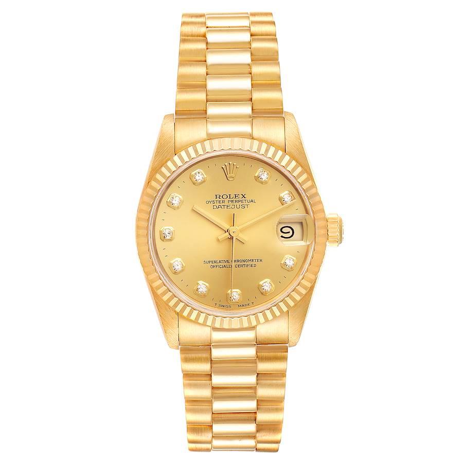 Rolex President Datejust 31 Midsize Yellow Gold Diamond Ladies Watch 68278. Officially certified chronometer self-winding movement. 18k yellow gold oyster case 31.0 mm in diameter. Rolex logo on a crown. 18k yellow gold fluted bezel. Scratch