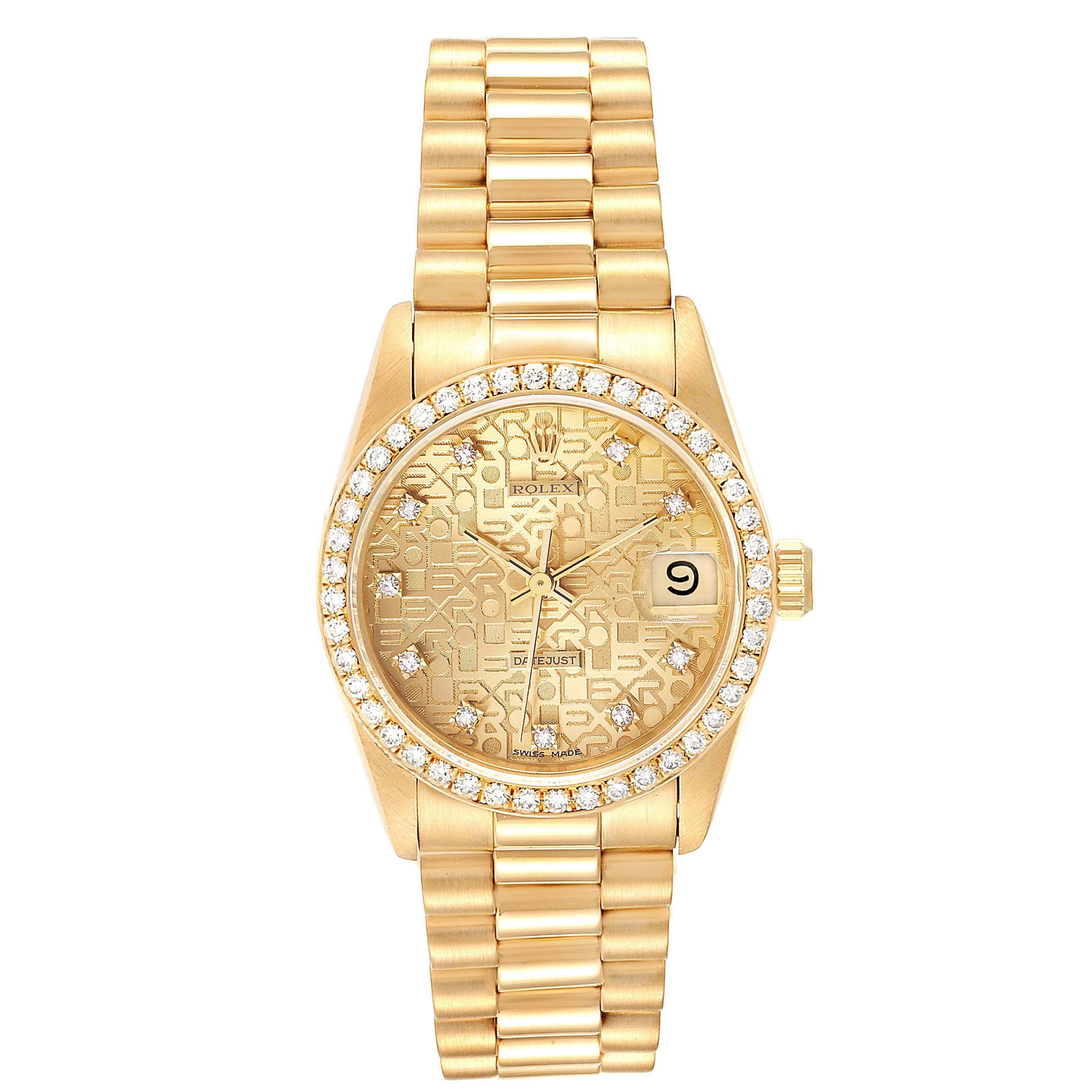 Rolex President Datejust 31 Midsize Yellow Gold Diamond Ladies Watch 68288. Officially certified chronometer self-winding movement. 18k yellow gold oyster case 31.0 mm in diameter. Rolex logo on a crown. 18k yellow gold fluted bezel. Scratch