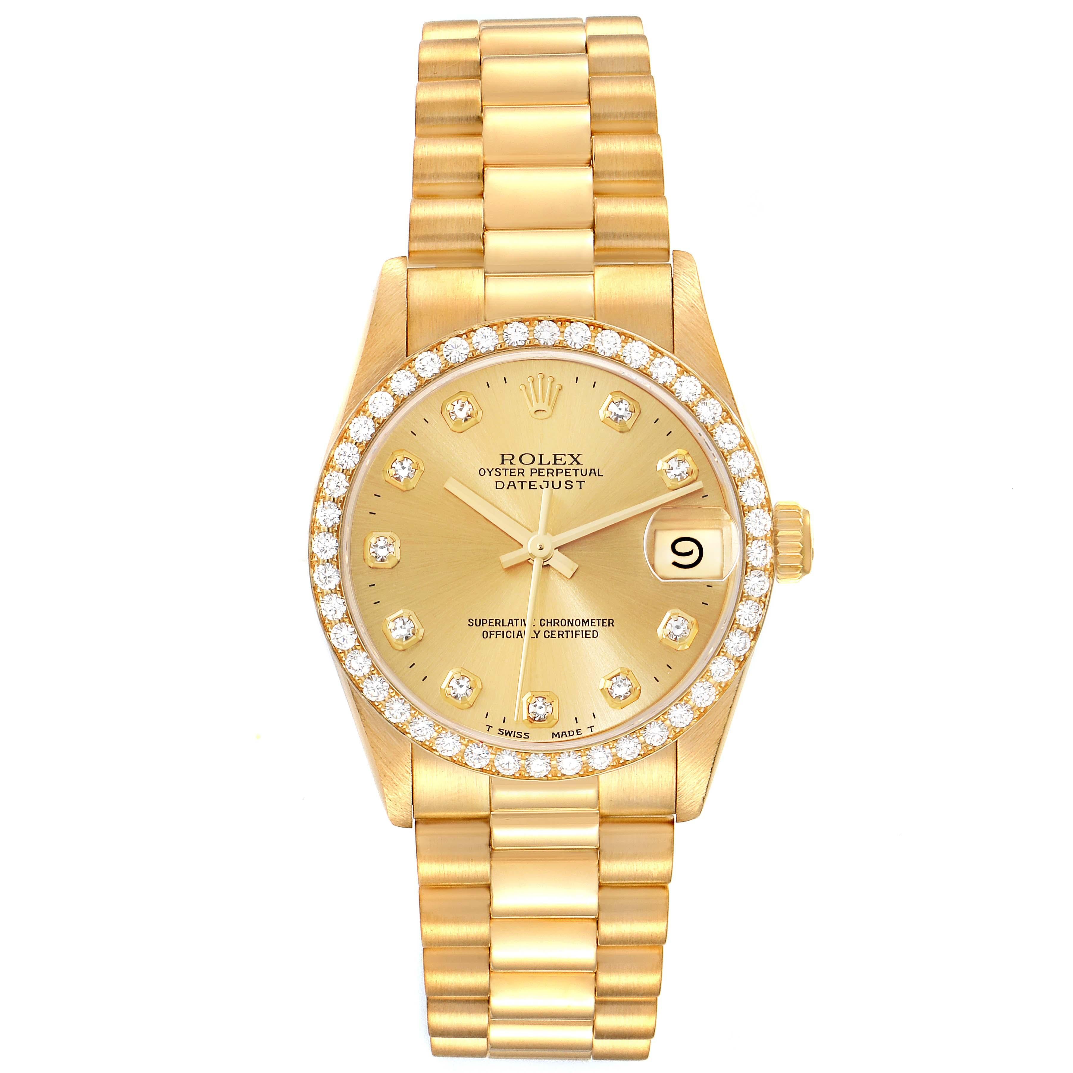 Rolex President Datejust 31 Midsize Yellow Gold Diamond Ladies Watch 68288. Officially certified chronometer automatic self-winding movement. 18k yellow gold oyster case 31.0 mm in diameter. Rolex logo on a crown. Original Rolex factory diamond