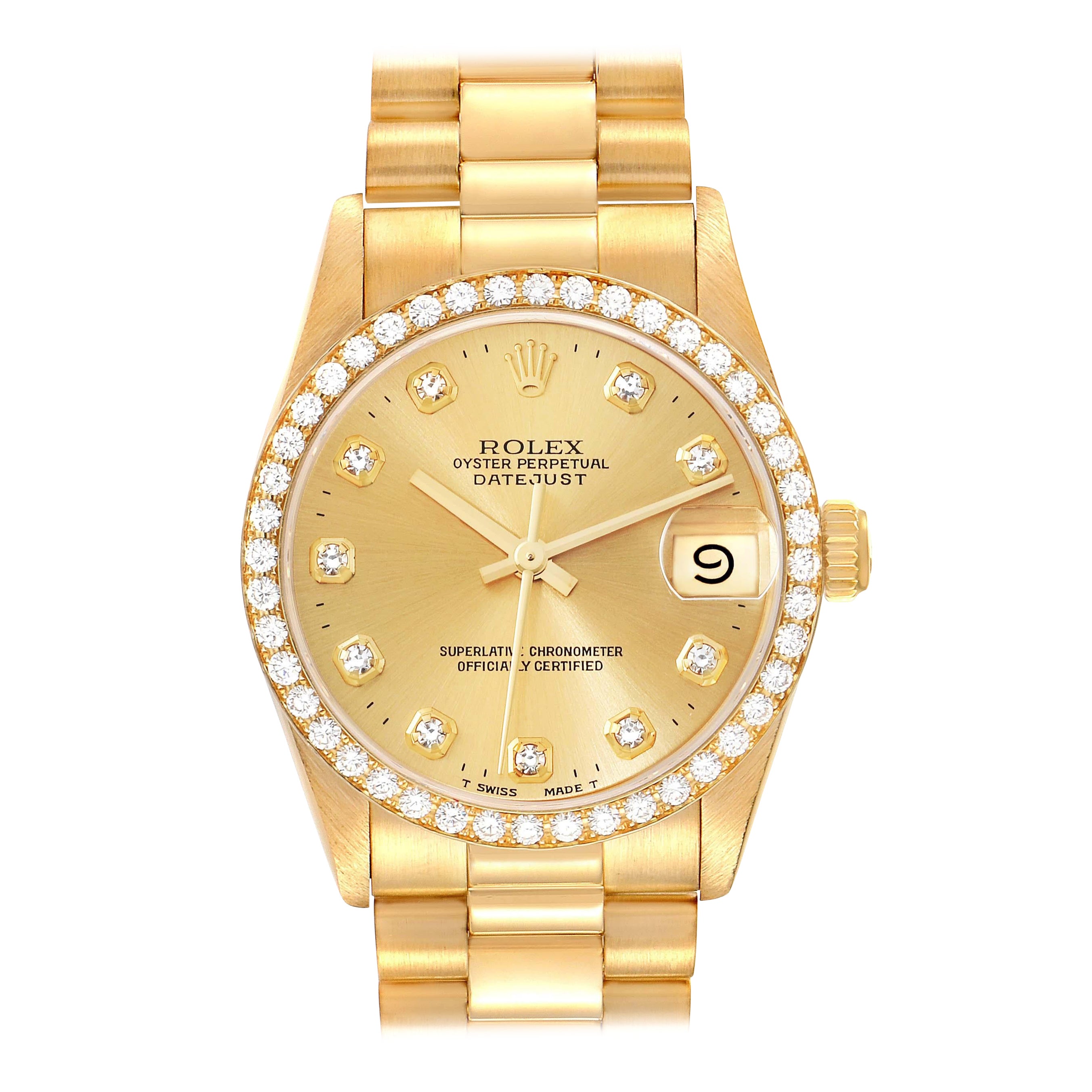 Rolex President Datejust 31 Midsize Yellow Gold Diamond Ladies Watch 68288