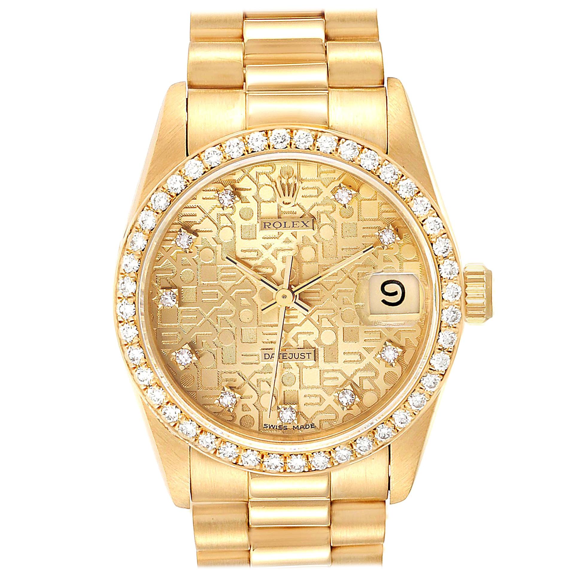 Rolex President Datejust 31 Midsize Yellow Gold Diamond Ladies Watch 68288