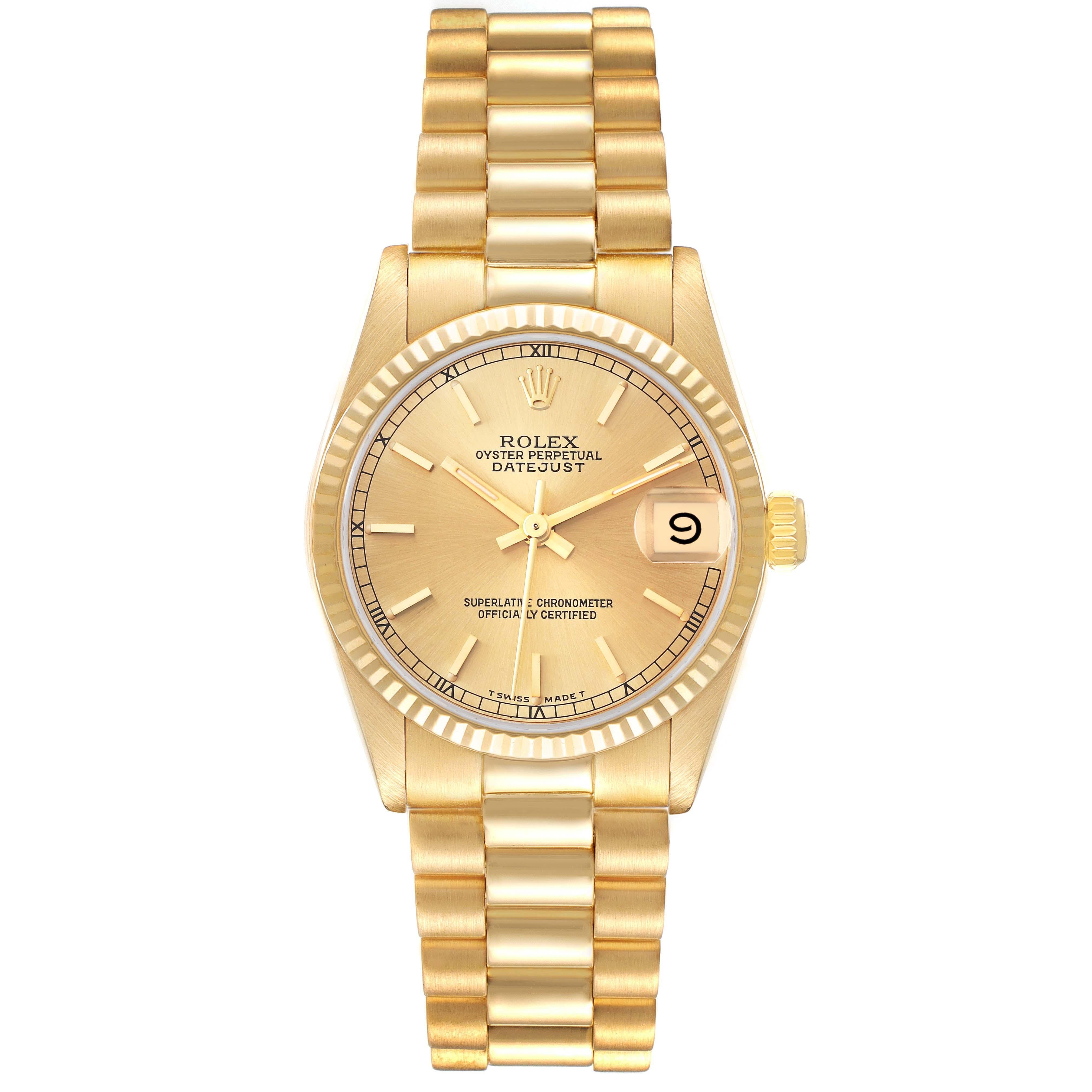 Rolex President Datejust 31 Midsize Yellow Gold Ladies Watch 68278 Box Papers. Officially certified chronometer automatic self-winding movement. 18k yellow gold oyster case 31.0 mm in diameter. Rolex logo on a crown. 18k yellow gold fluted bezel.