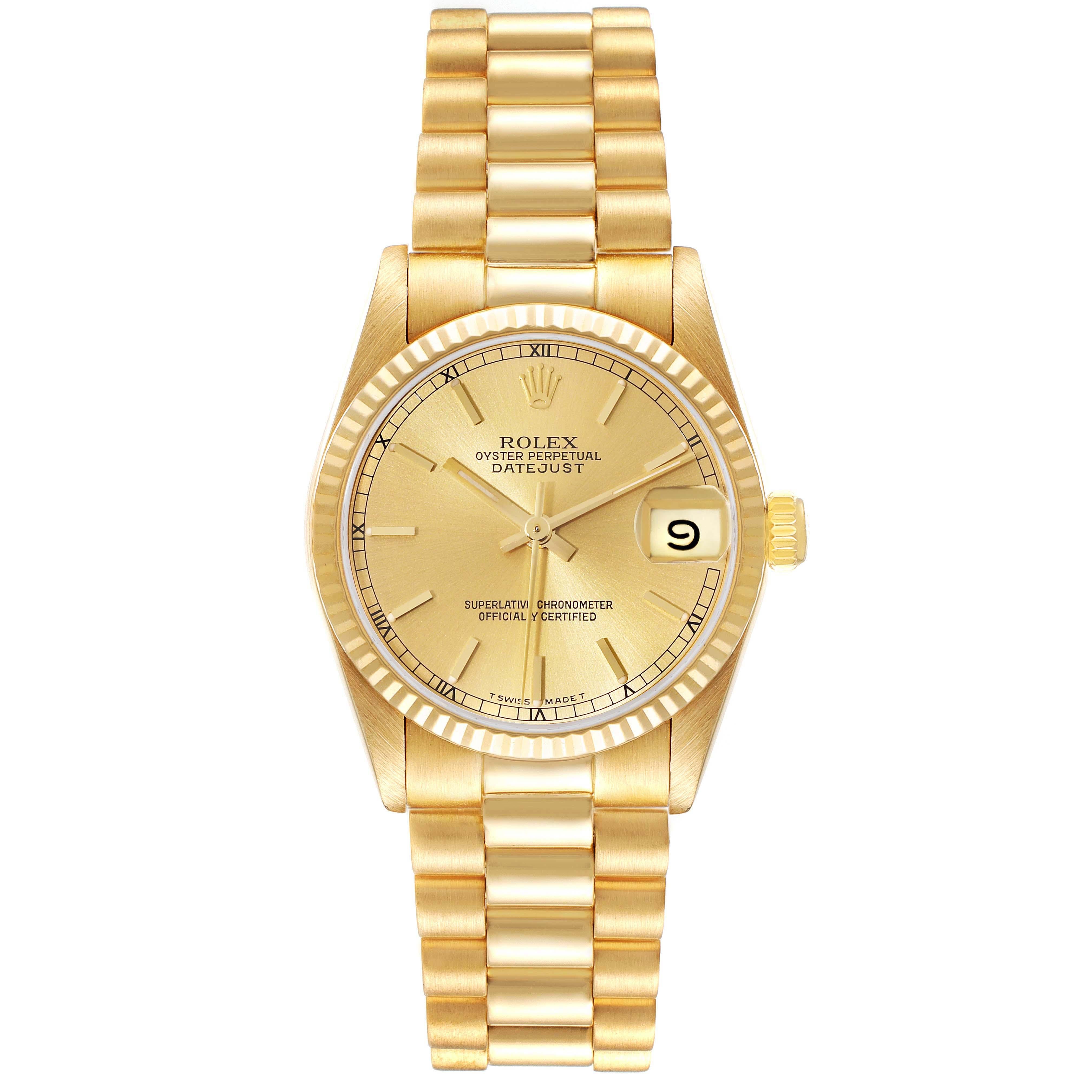 Rolex President Datejust 31 Midsize Yellow Gold Ladies Watch 68278 Box Papers In Excellent Condition For Sale In Atlanta, GA