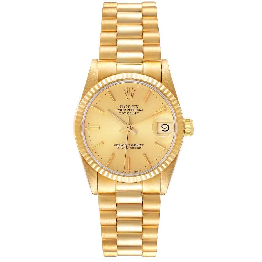 Rolex President Datejust 31 Midsize Yellow Gold Ladies Watch 68278. Officially certified chronometer self-winding movement. 18k yellow gold oyster case 31.0 mm in diameter. Rolex logo on a crown. 18k yellow gold fluted bezel. Scratch resistant