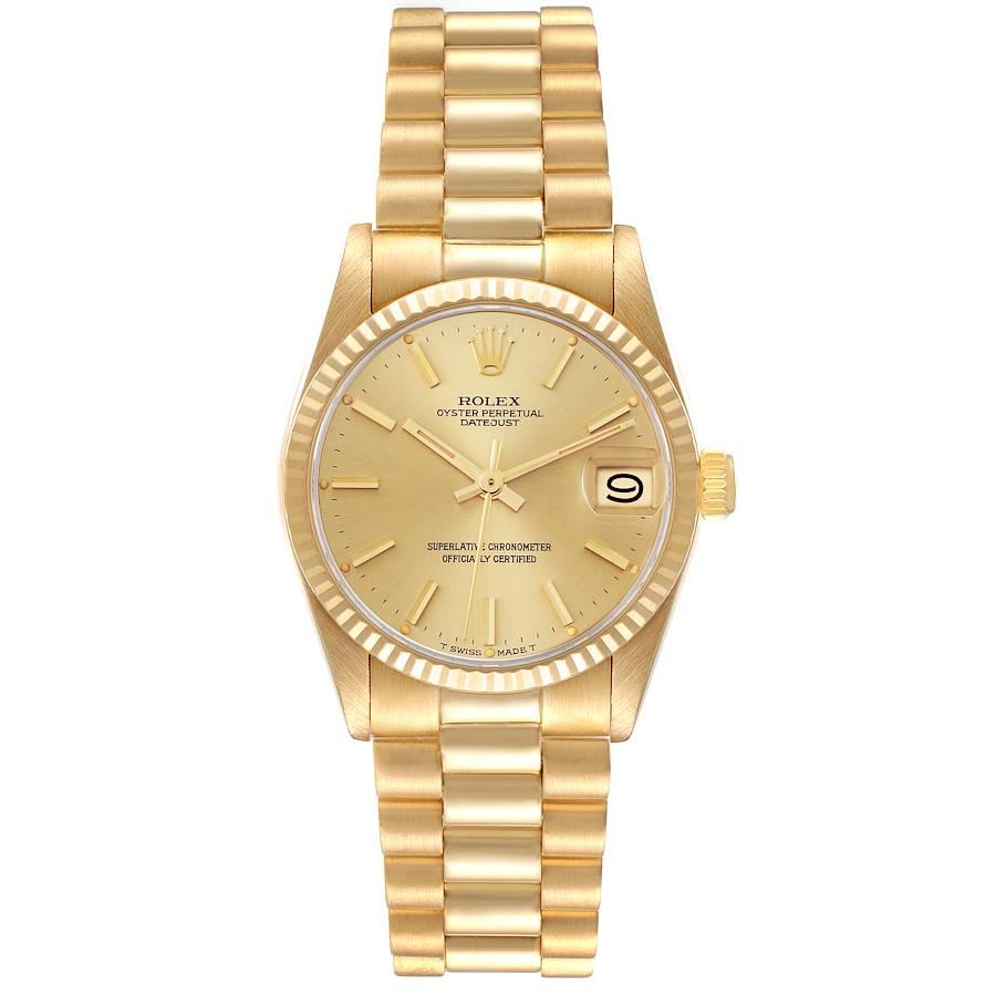 Rolex President Datejust 31 Midsize Yellow Gold Ladies Watch 68278. Officially certified chronometer self-winding movement. 18k yellow gold oyster case 31.0 mm in diameter. Rolex logo on a crown. 18k yellow gold fluted bezel. Scratch resistant