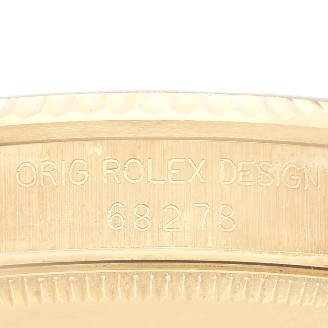 Rolex President Datejust 31 Midsize Yellow Gold Ladies Watch 68278. Officially certified chronometer automatic self-winding movement. 18k yellow gold oyster case 31.0 mm in diameter. Rolex logo on a crown. 18k yellow gold fluted bezel. Scratch