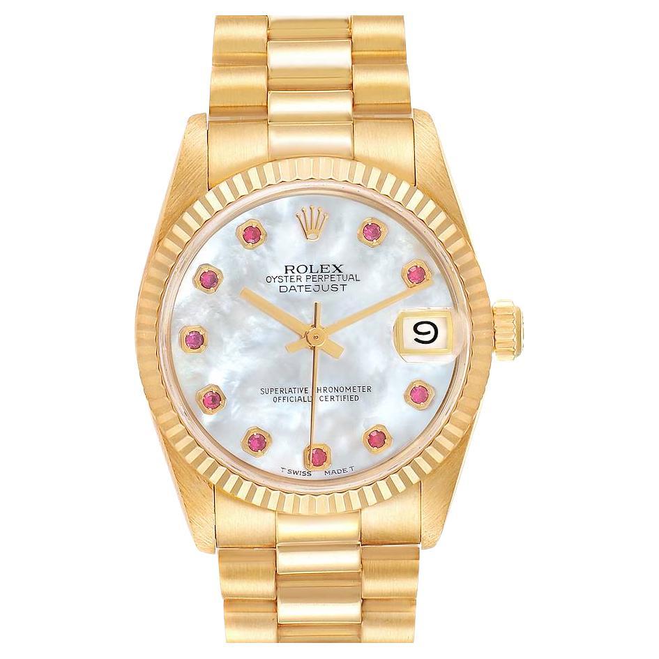 Rolex President Datejust 31 Midsize Yellow Gold MOP Ruby Ladies Watch 68278