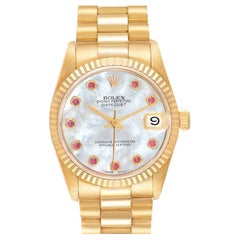 Rolex President Datejust 31 Midsize Yellow Gold MOP Ruby Ladies Watch 68278