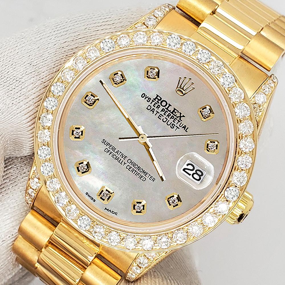 Rolex Präsident Datejust 31mm Gelbgold Uhr. Automatisches Rolex-Uhrwerk mit Automatikaufzug. Individuelles Zifferblatt mit 2,3ct Diamanten auf der Lünette und den Bandanstößen (die Diamanten werden nicht von Rolex gesetzt). 

Ausgezeichneter,