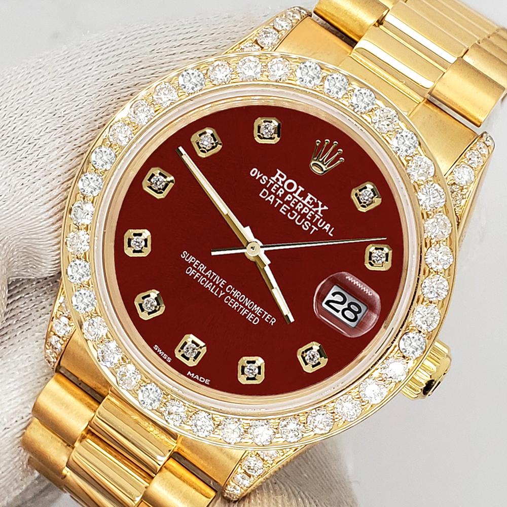 Rolex President Datejust 31mm Yellow Gold Watch. Rolex self-winding automatic movement. Custom 2.3ct diamond bezel/Lugs/diamond numerals dial (diamonds are not set by Rolex). 

Excellent, pristine condition, no signs of wear, works flawlessly, comes