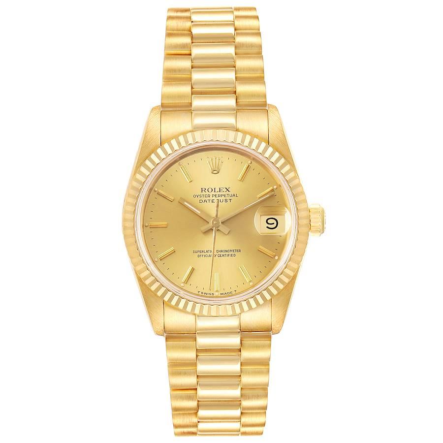 Rolex President Datejust 31mm Midsize Yellow Gold Ladies Watch 68278. Officially certified chronometer self-winding movement. 18k yellow gold oyster case 31.0 mm in diameter. Rolex logo on a crown. 18k yellow gold fluted bezel. Scratch resistant