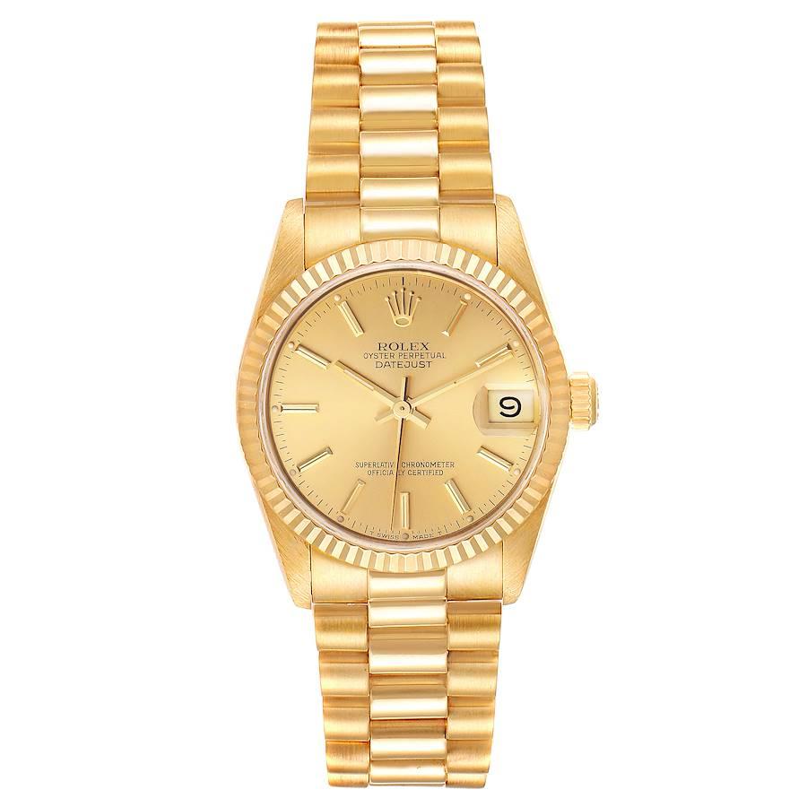 Rolex President Datejust 31mm Midsize Yellow Gold Ladies Watch 68278. Officially certified chronometer self-winding movement. 18k yellow gold oyster case 31.0 mm in diameter. Rolex logo on a crown. 18k yellow gold fluted bezel. Scratch resistant