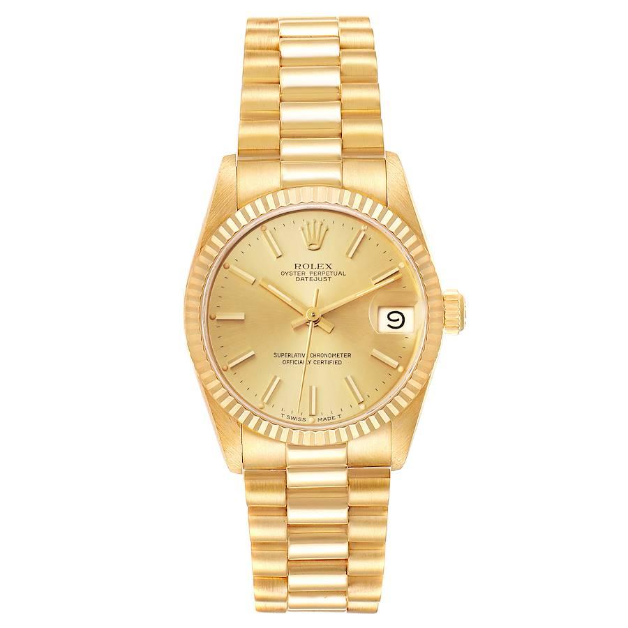 Rolex President Datejust 31mm Midsize Yellow Gold Ladies Watch 68278. Officially certified chronometer self-winding movement. 18k yellow gold oyster case 31.0 mm in diameter. Rolex logo on a crown. 18k yellow gold fluted bezel. Scratch resistant