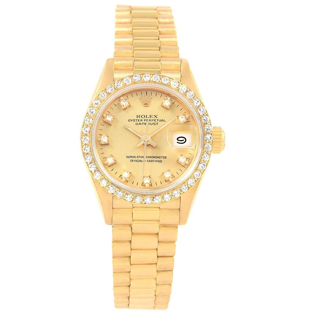 Rolex President Datejust Diamond Dial Bezel 18K Yellow Gold Watch 69178. Officially certified chronometer self-winding movement with quickset date function. 18k yellow gold oyster case 26.0 mm in diameter. Rolex logo on a crown. Original Rolex