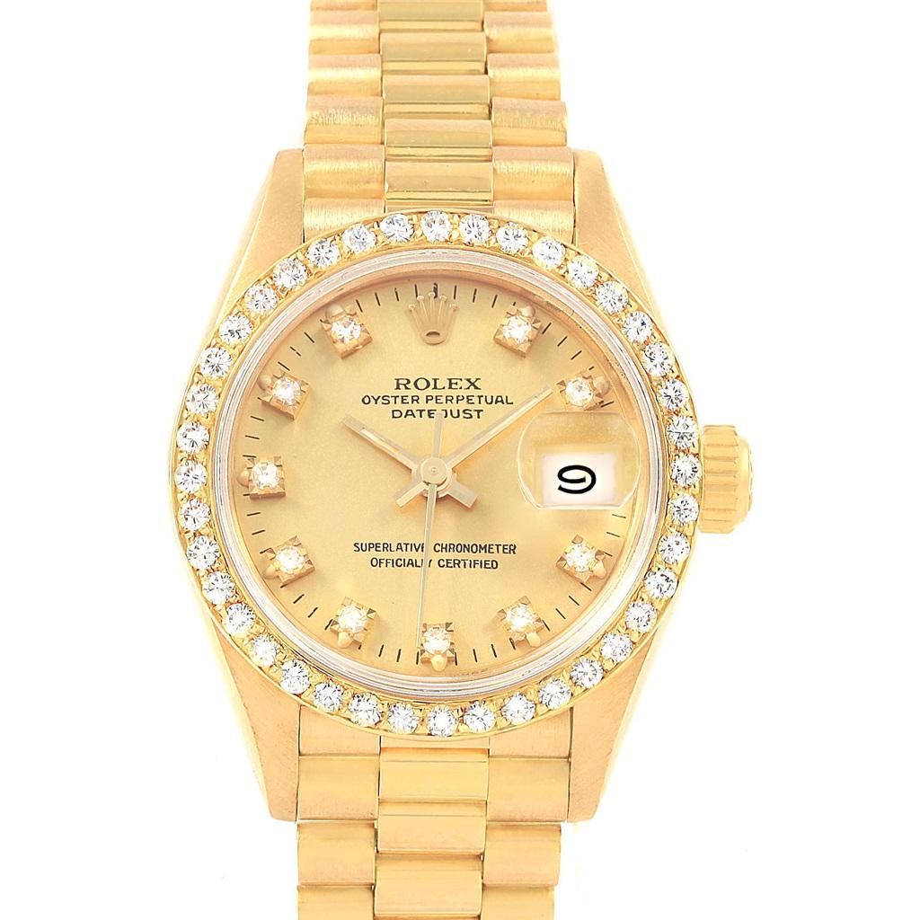 Rolex President Datejust Diamond Dial Bezel 18 Karat Yellow Gold Watch 69178 In Good Condition In Atlanta, GA