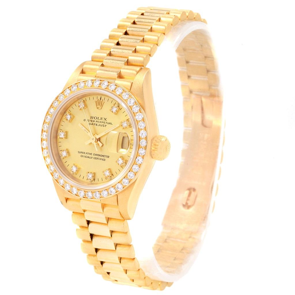 Women's Rolex President Datejust Diamond Dial Bezel 18 Karat Yellow Gold Watch 69178