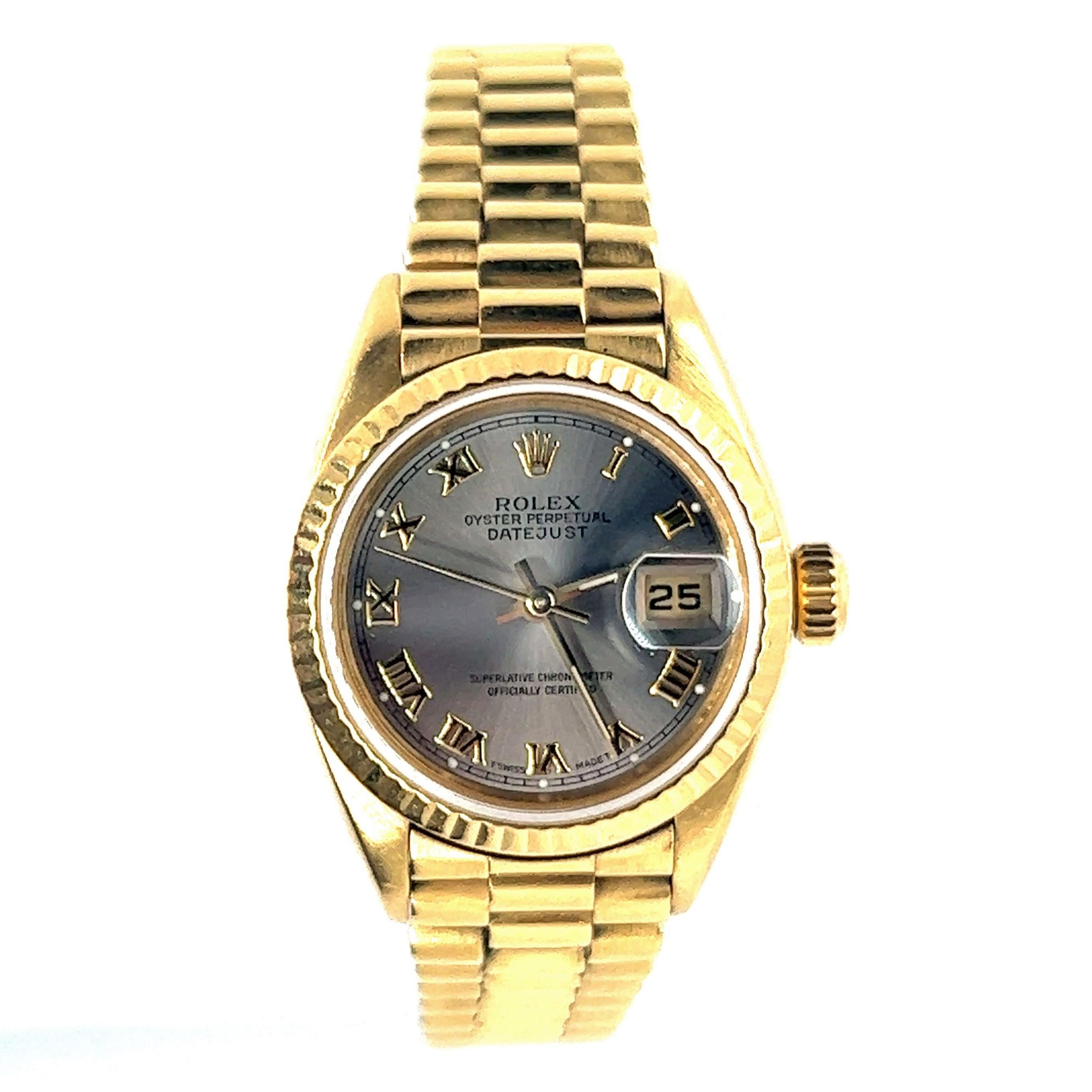 Rolex Datejust is considered as a perfect example of Swiss precision that comes together with a graceful design. Its simplicity and elegance is a world classic among wristwatches. 

Crafted from fine 18 Karat yellow gold, this model has an Oyster