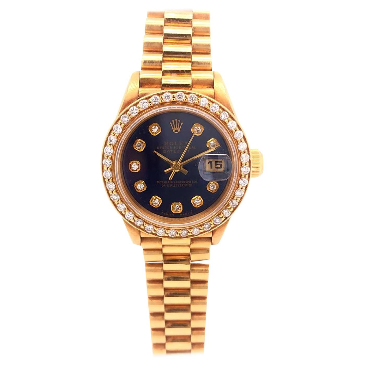 Rolex President DateJust Ladies 18 Karat Gold Diamond Black Dial Jubilee 69178