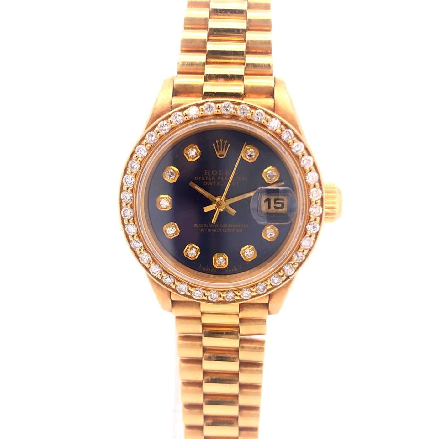 The yellow gold and diamond Rolex Lady-Datejust 69178 is a truly magnificent timepiece. Yellow gold forged in-house adorns the 26mm Oyster case, President bracelet, and Fliplock clasp. Valuable and striking, the yellow gold finish will add serious