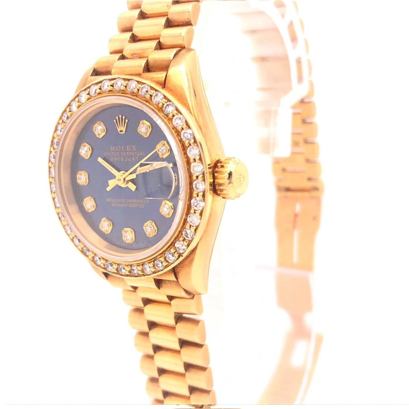 Modern Rolex President DateJust Ladies 18 Karat Gold Diamond Black Dial Jubilee 69178