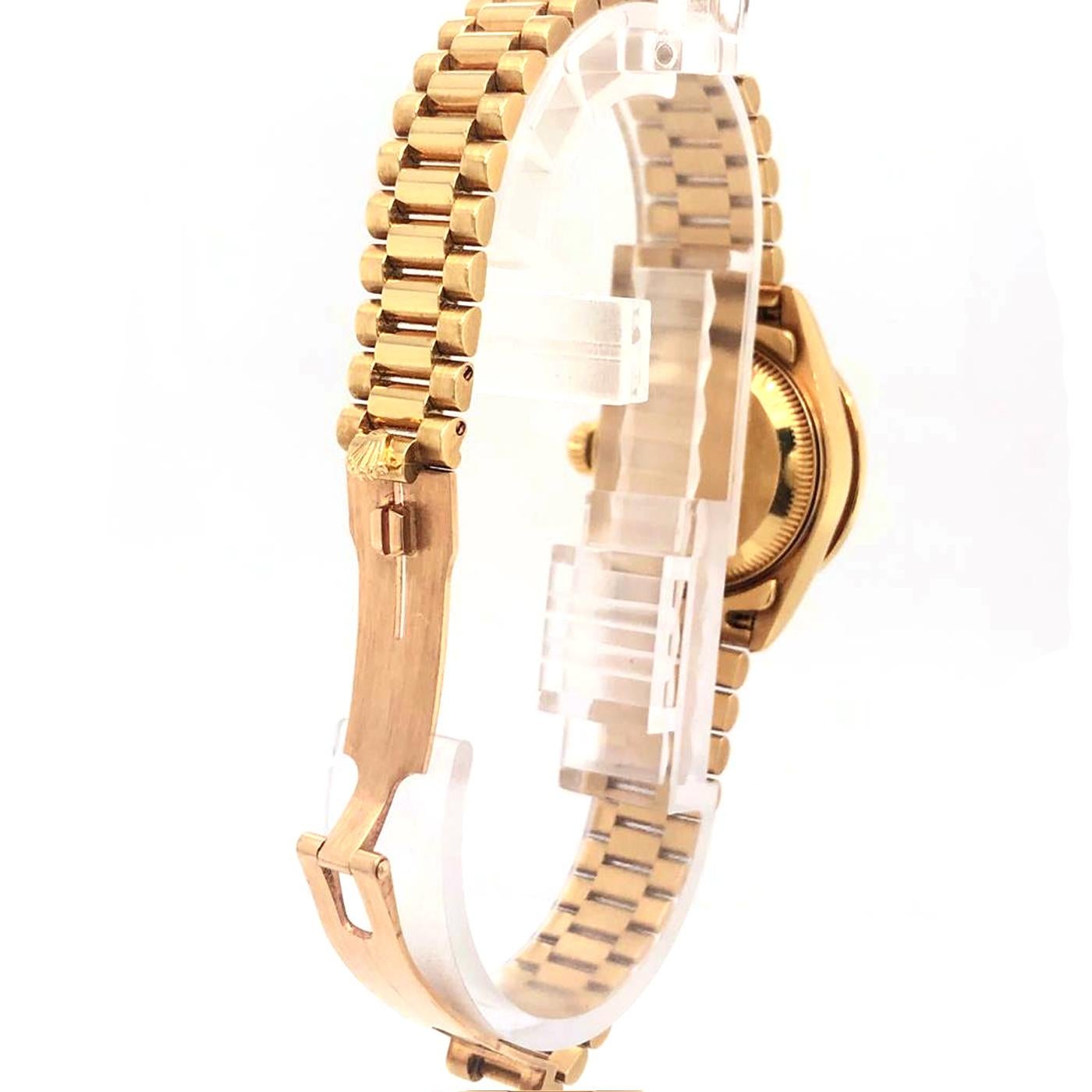 Round Cut Rolex President DateJust Ladies 18 Karat Gold Diamond Black Dial Jubilee 69178