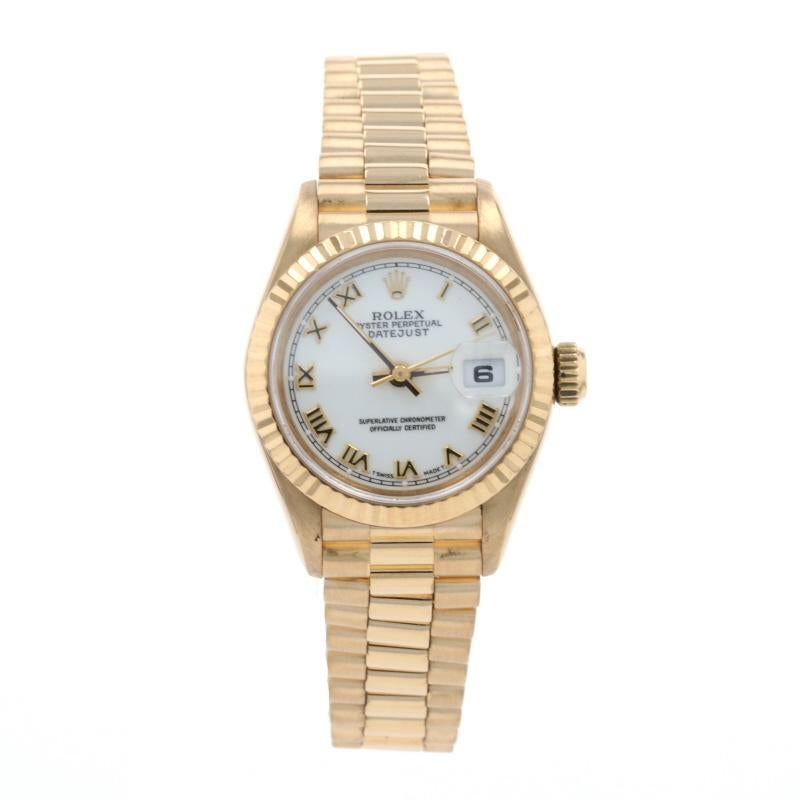 Brand: Rolex  
Model: Ladies President Datejust 
Model Number: 69178 
Dial Color: White Roman 
Year: 1995 
Metal Content: 18k Yellow Gold 
Movement: Automatic 
Warranty: 1 Year 

Case Width (not including the crown): 25mm
Band Width: 11.7mm
Lug