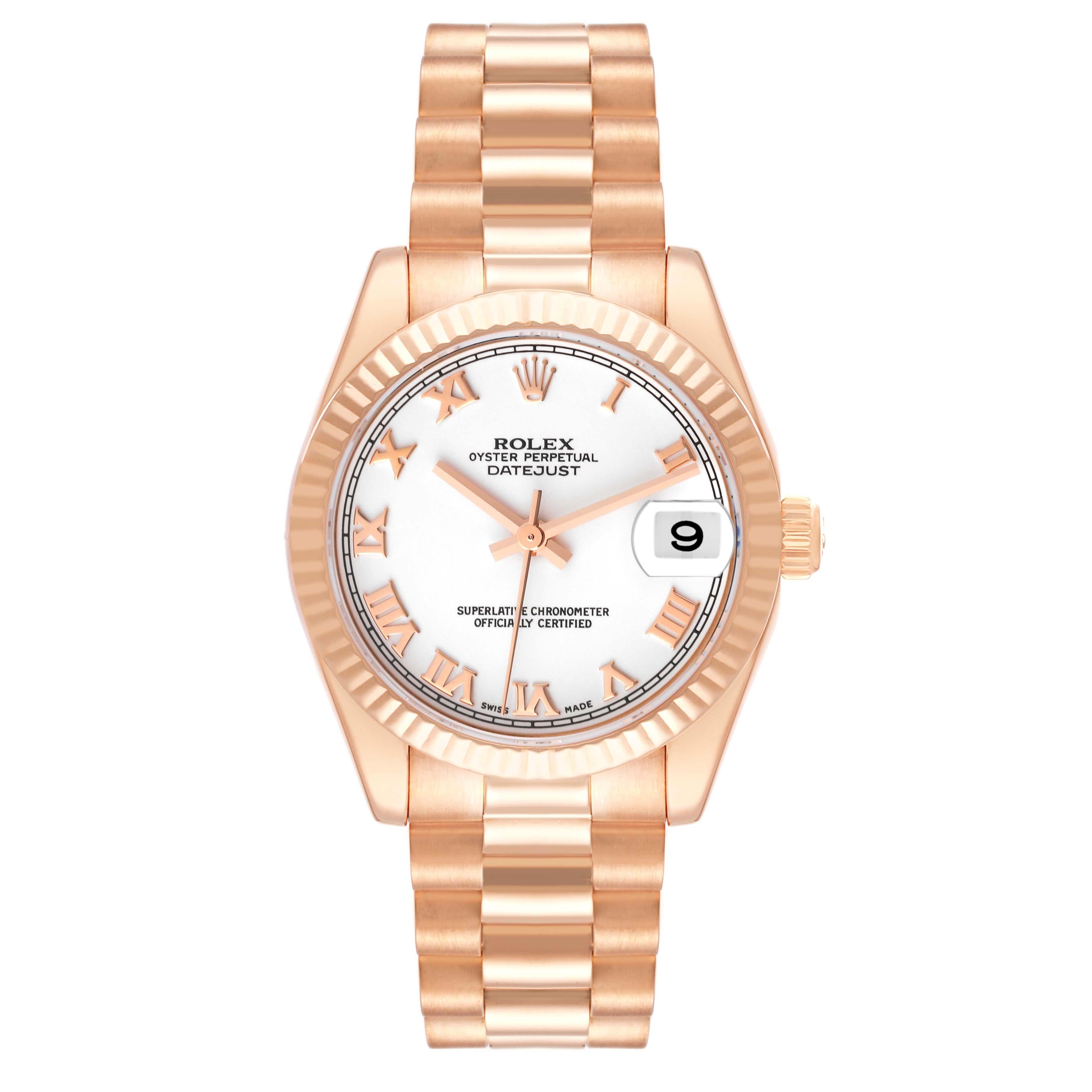Rolex President Datejust Midsize 31 Rose Gold Ladies Watch 178275. Officially certified chronometer self-winding movement. 18K Everose gold case 31.0 mm in diameter. Rolex logo on the crown. 18k rose gold fluted bezel. Scratch resistant sapphire