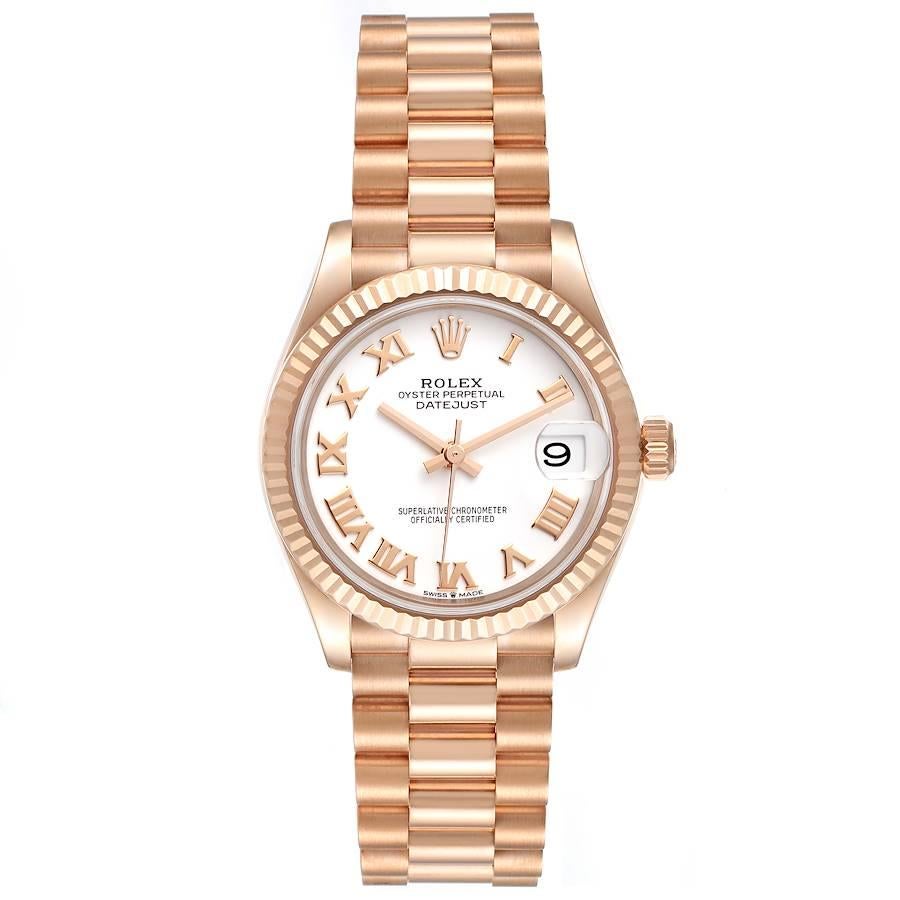 Rolex President Datejust Midsize 31 Rose Gold Ladies Watch 278275 Unworn. Officially certified chronometer self-winding movement. 18K Everose gold case 31.0 mm in diameter. Rolex logo on the crown. 18k rose gold fluted bezel. Scratch resistant