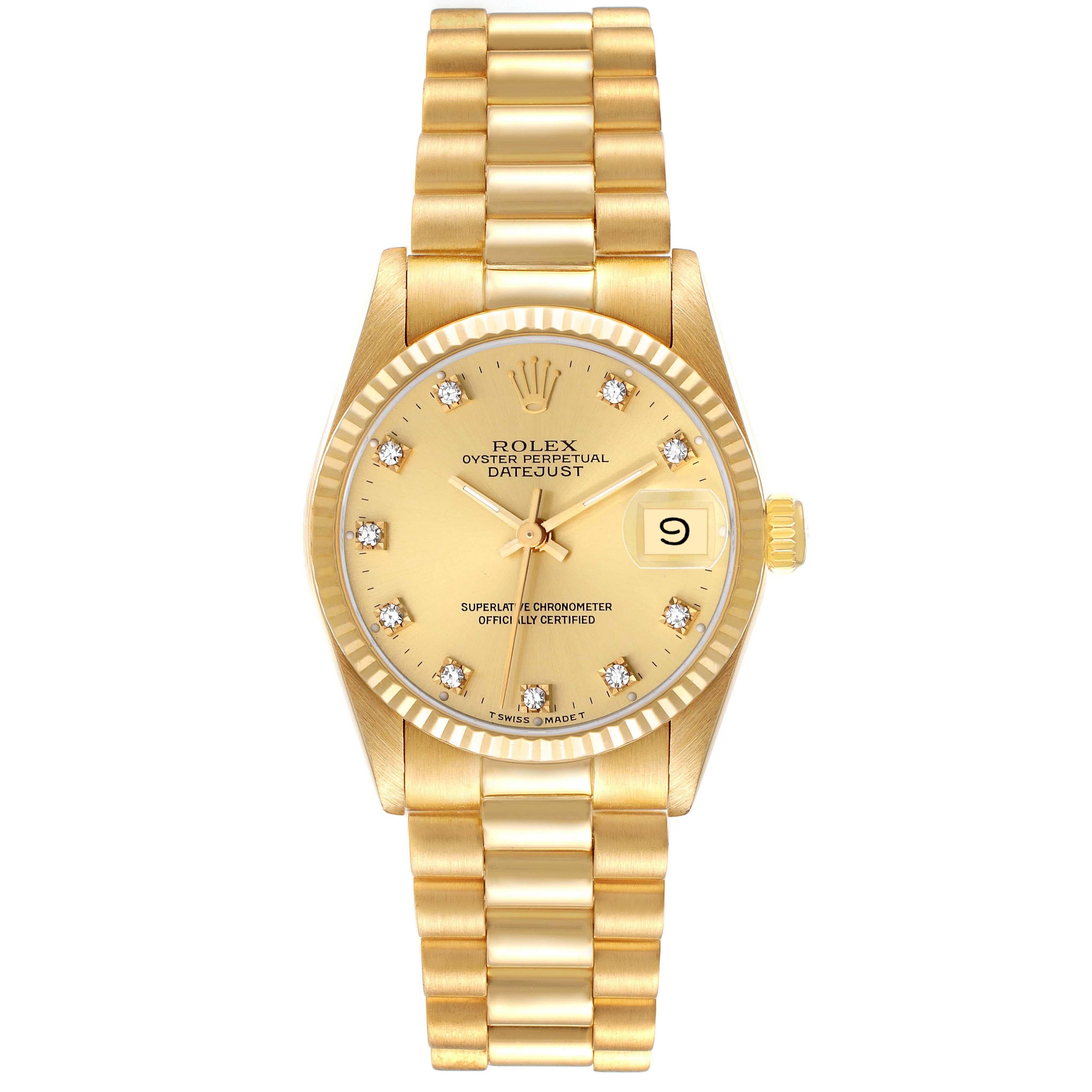 Rolex President Datejust Midsize 31 Yellow Gold Diamond Ladies Watch 68278. Officially certified chronometer automatic self-winding movement. 18k yellow gold oyster case 31.0 mm in diameter. Rolex logo on the crown. 18k yellow gold fluted bezel.