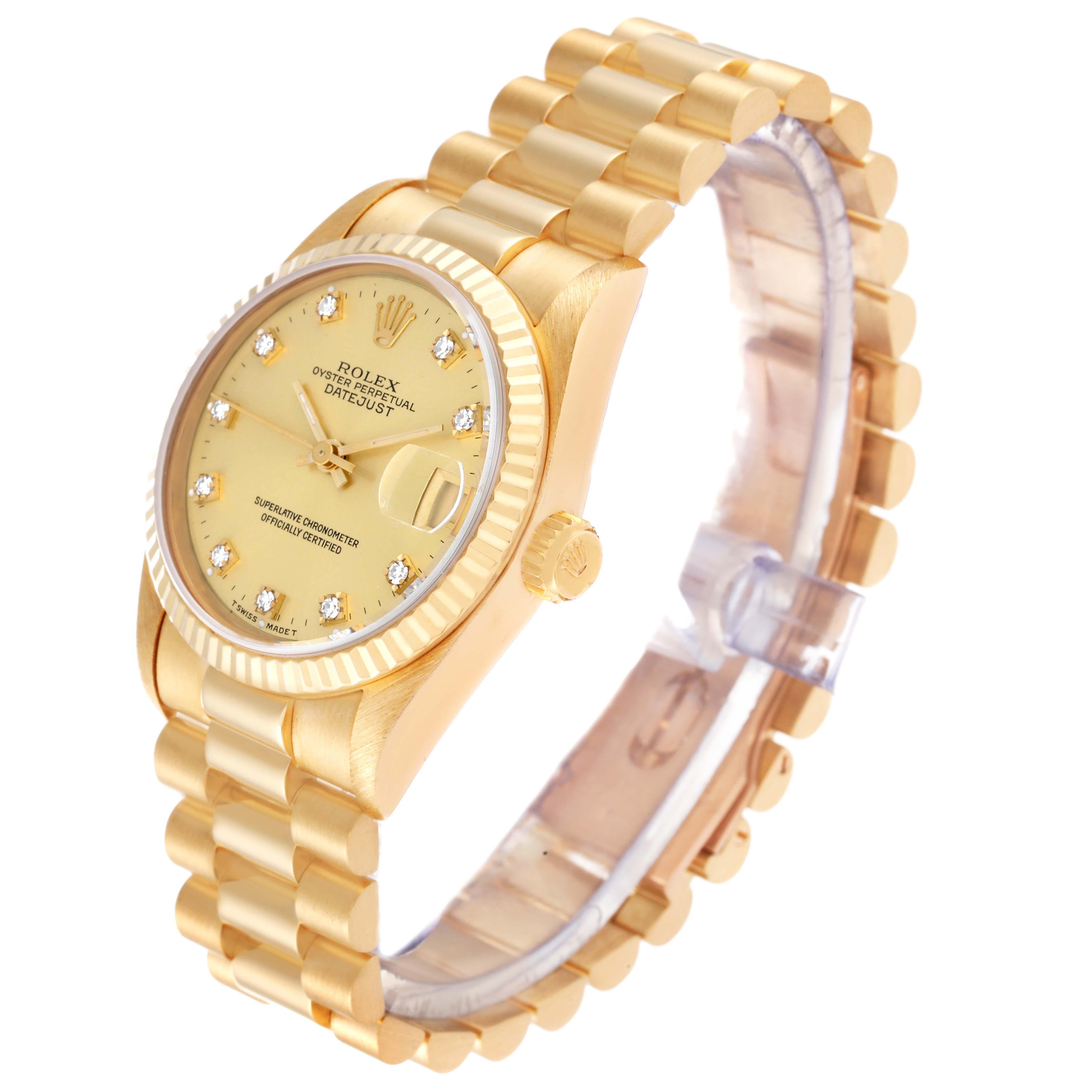 Rolex President Datejust Midsize 31 Yellow Gold Diamond Ladies Watch 68278 In Excellent Condition In Atlanta, GA