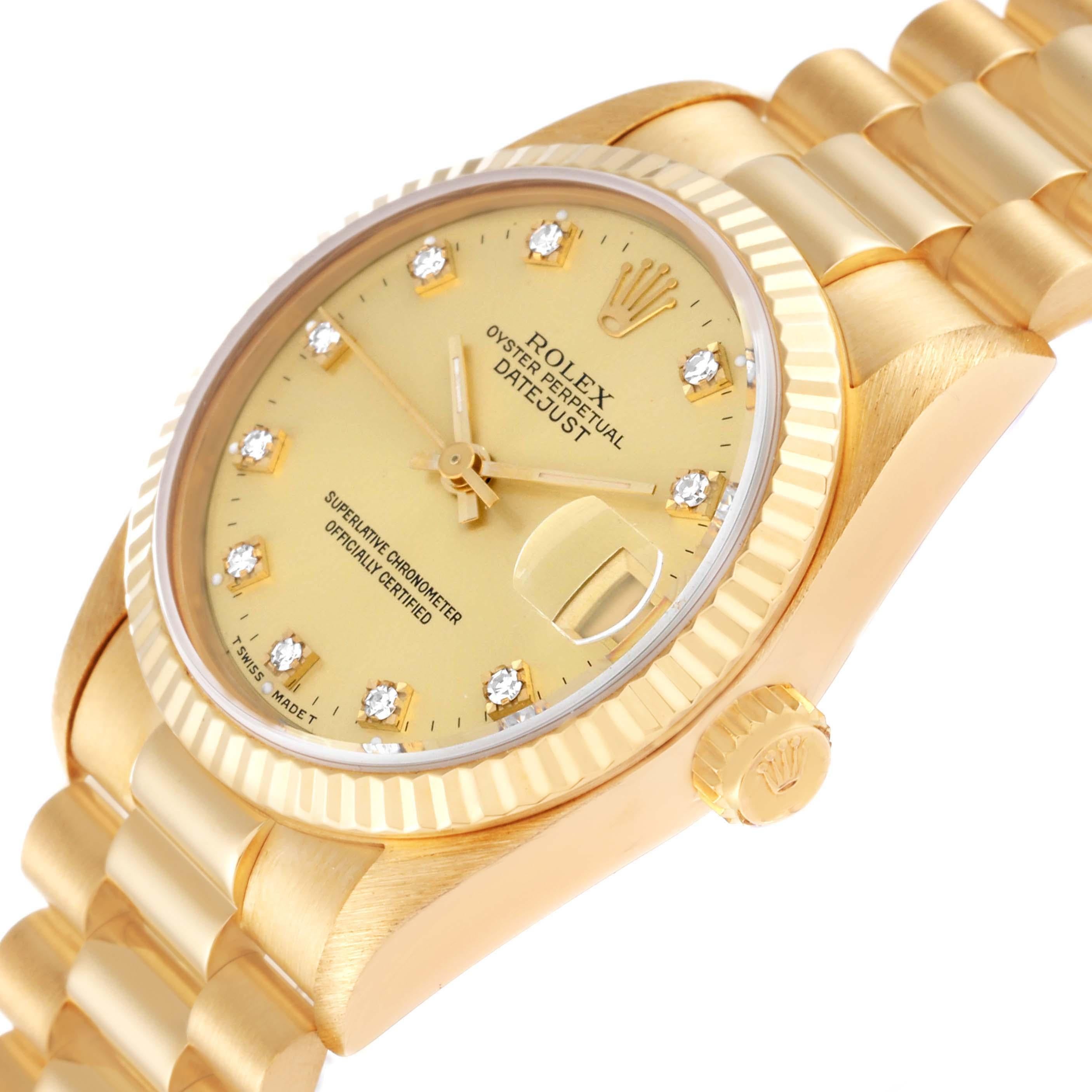 Women's Rolex President Datejust Midsize 31 Yellow Gold Diamond Ladies Watch 68278
