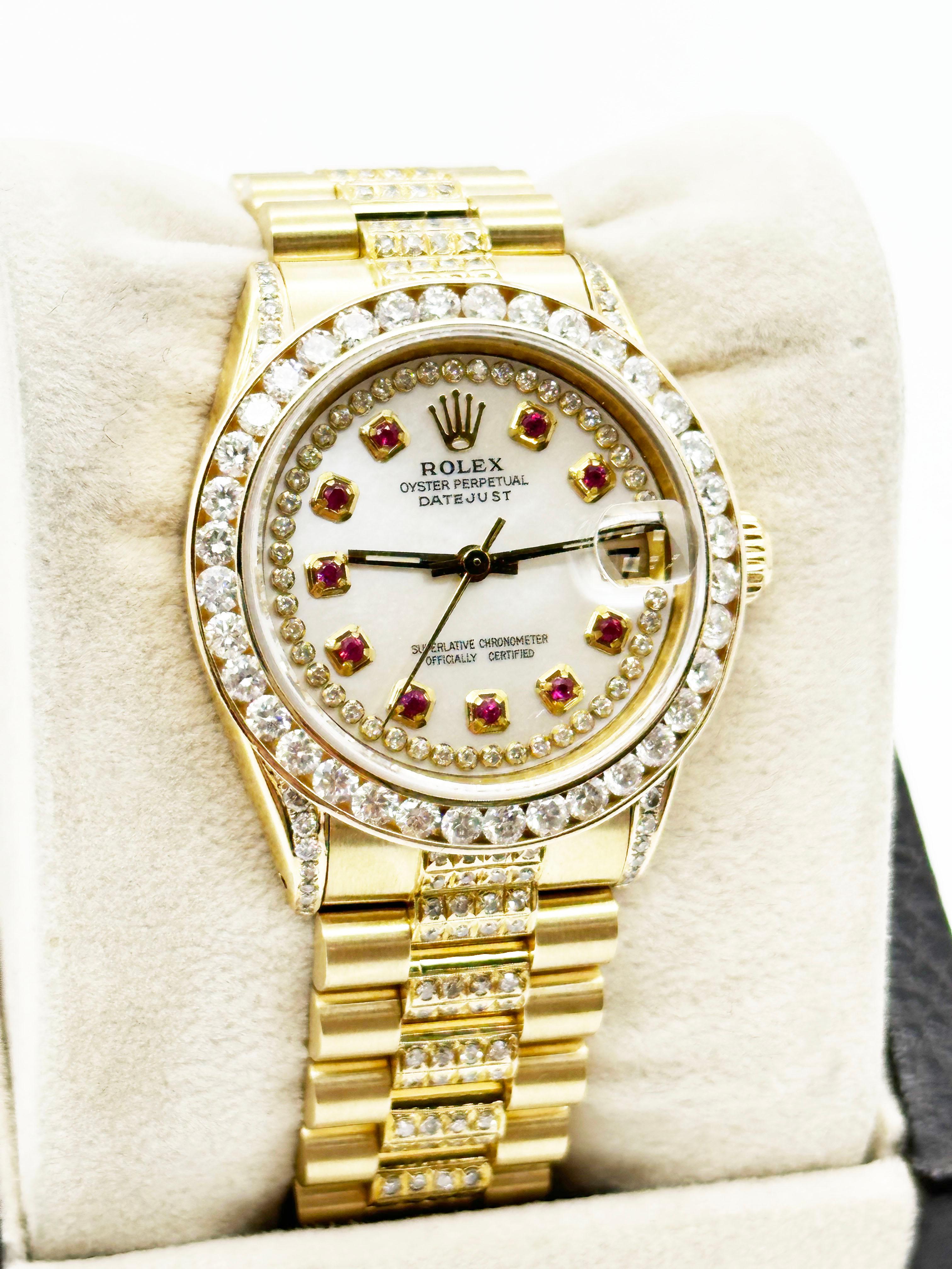 Rolex President Datejust Midsize 31mm 6827 MOP Diamant-Rubin-Zifferblatt 18K Gelbgold im Zustand „Hervorragend“ in San Diego, CA