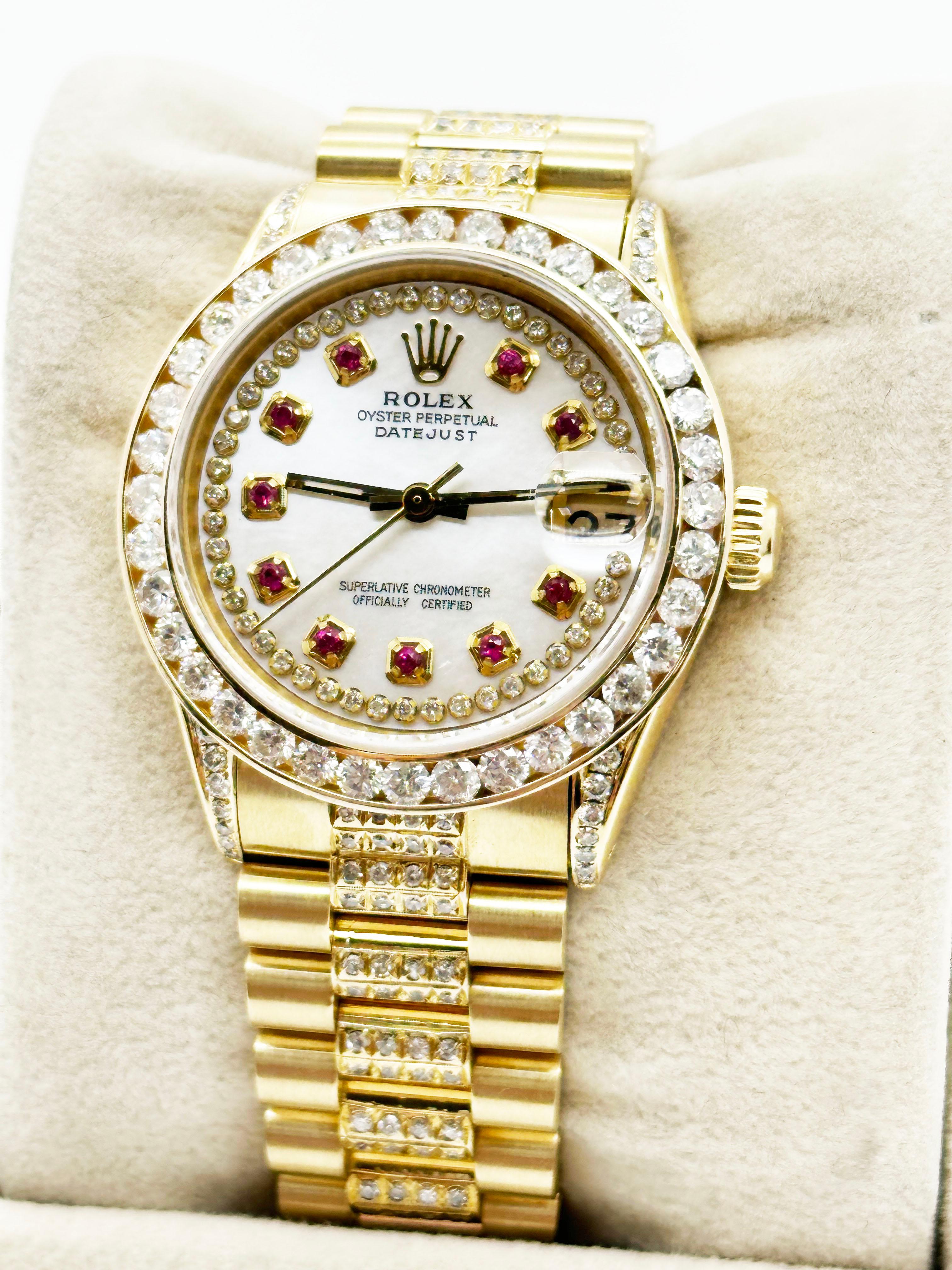 Rolex President Datejust Midsize 31mm 6827 MOP Diamant-Rubin-Zifferblatt 18K Gelbgold für Damen oder Herren