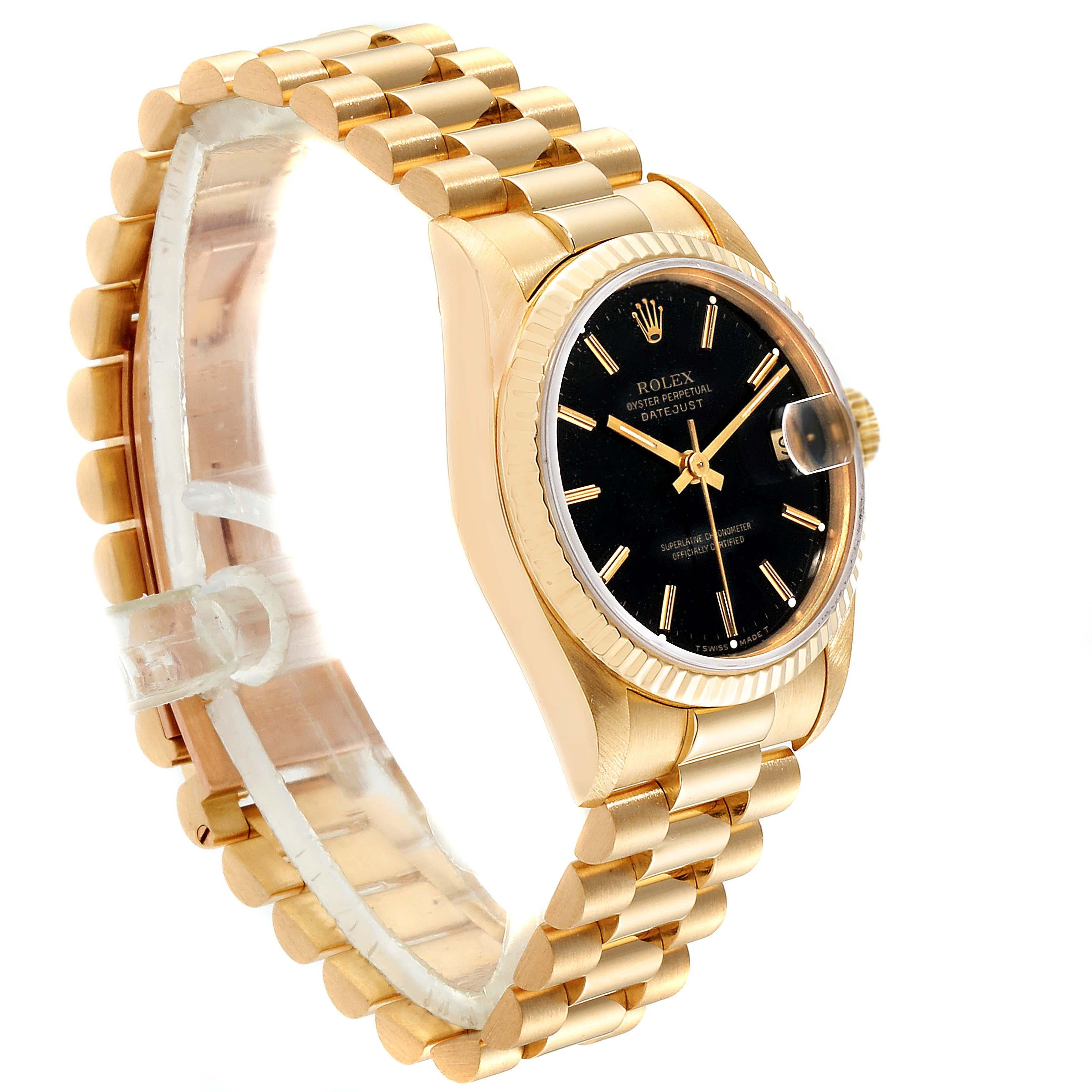 Rolex President Datejust Midsize Black Dial Yellow Gold Ladies Watch 68278 In Excellent Condition For Sale In Atlanta, GA